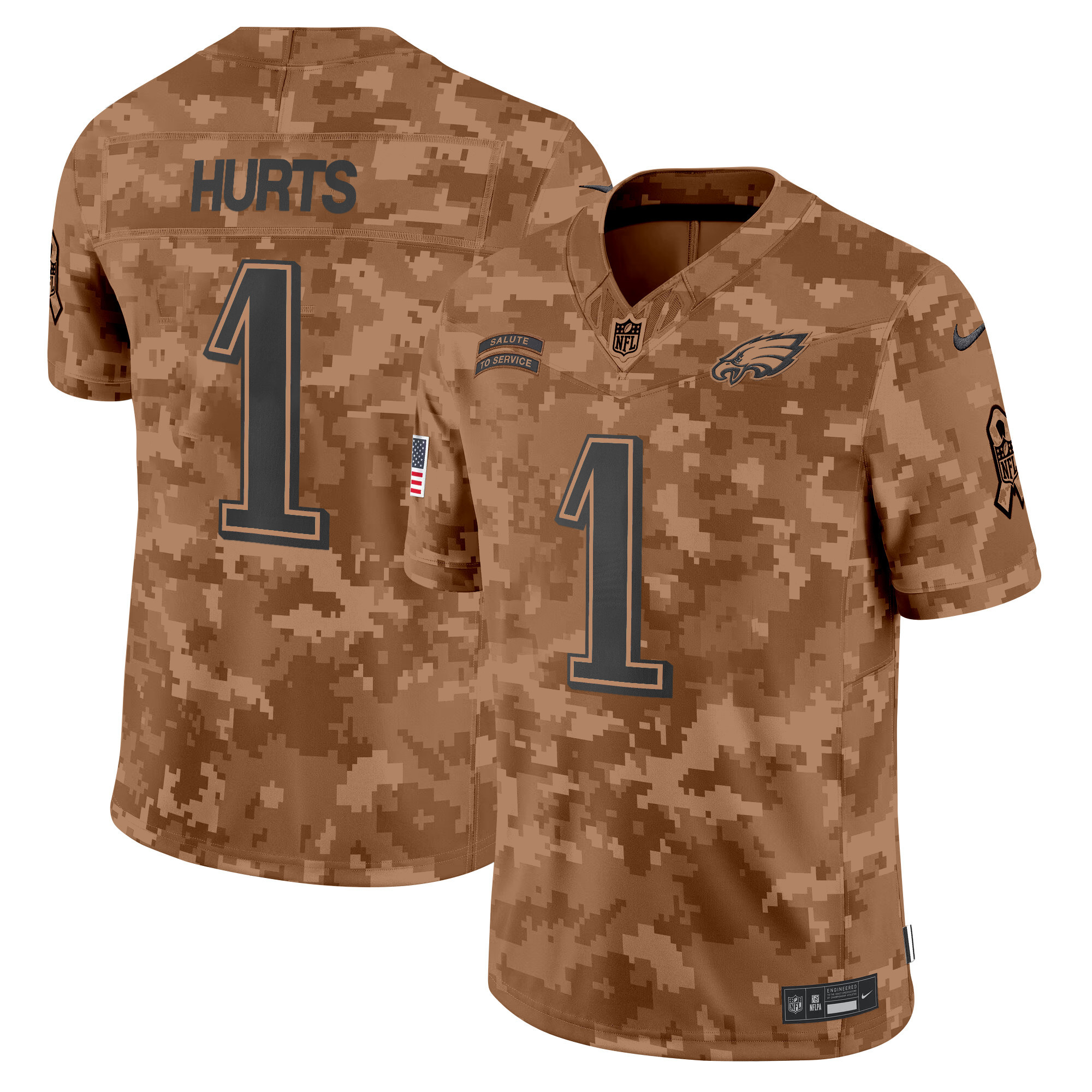 Men's Jalen Hurts Philadelphia Eagles 2024 Salute to Service Vapor Limited Brown Camo Jersey - All Stitched