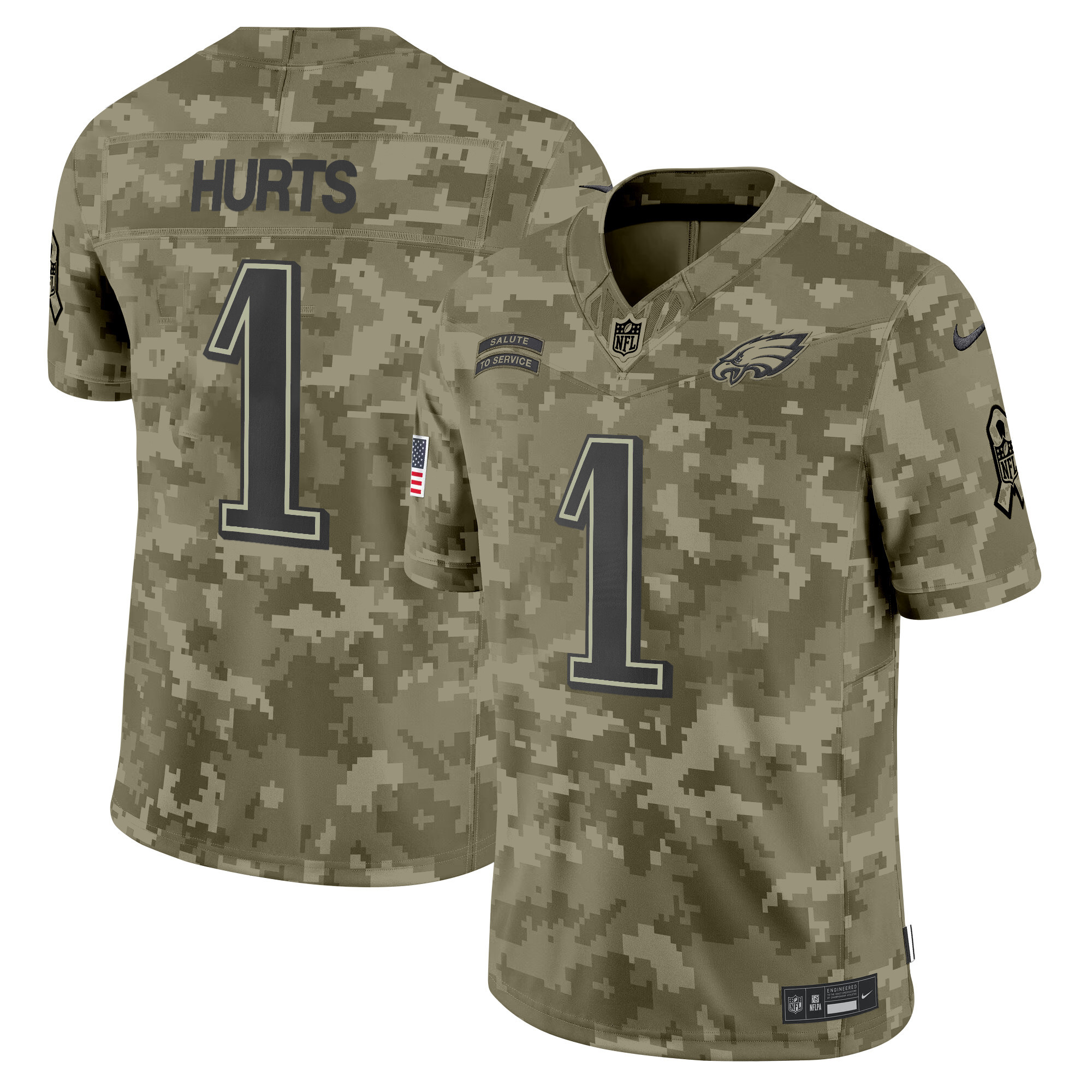 Men's Jalen Hurts Philadelphia Eagles 2024 Salute to Service Vapor Limited Olive Camo Jersey - All Stitched