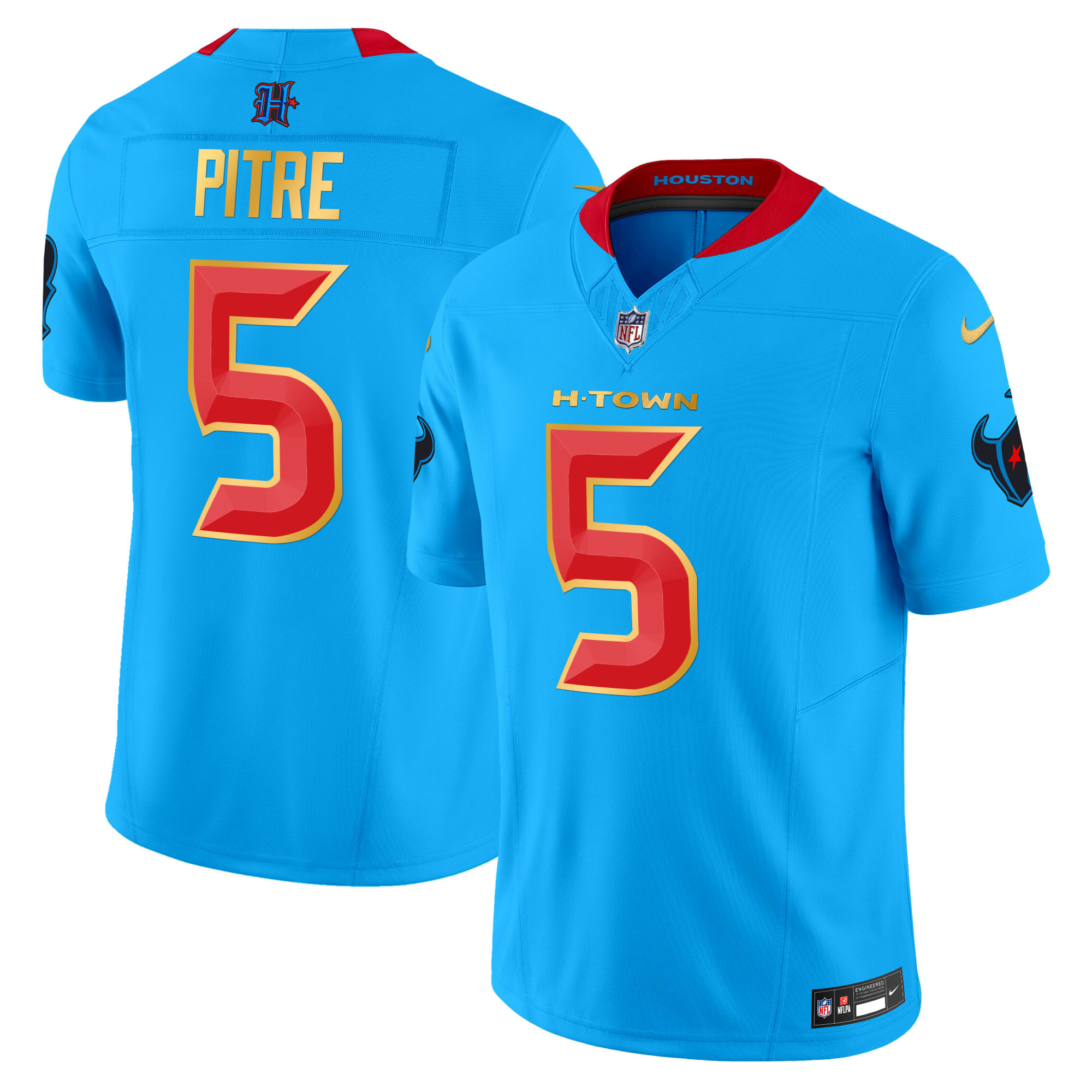 Men's Jalen Pitre Houston Texans 2024 Gold Trim Vapor Limited Blue Jersey - All Stitched