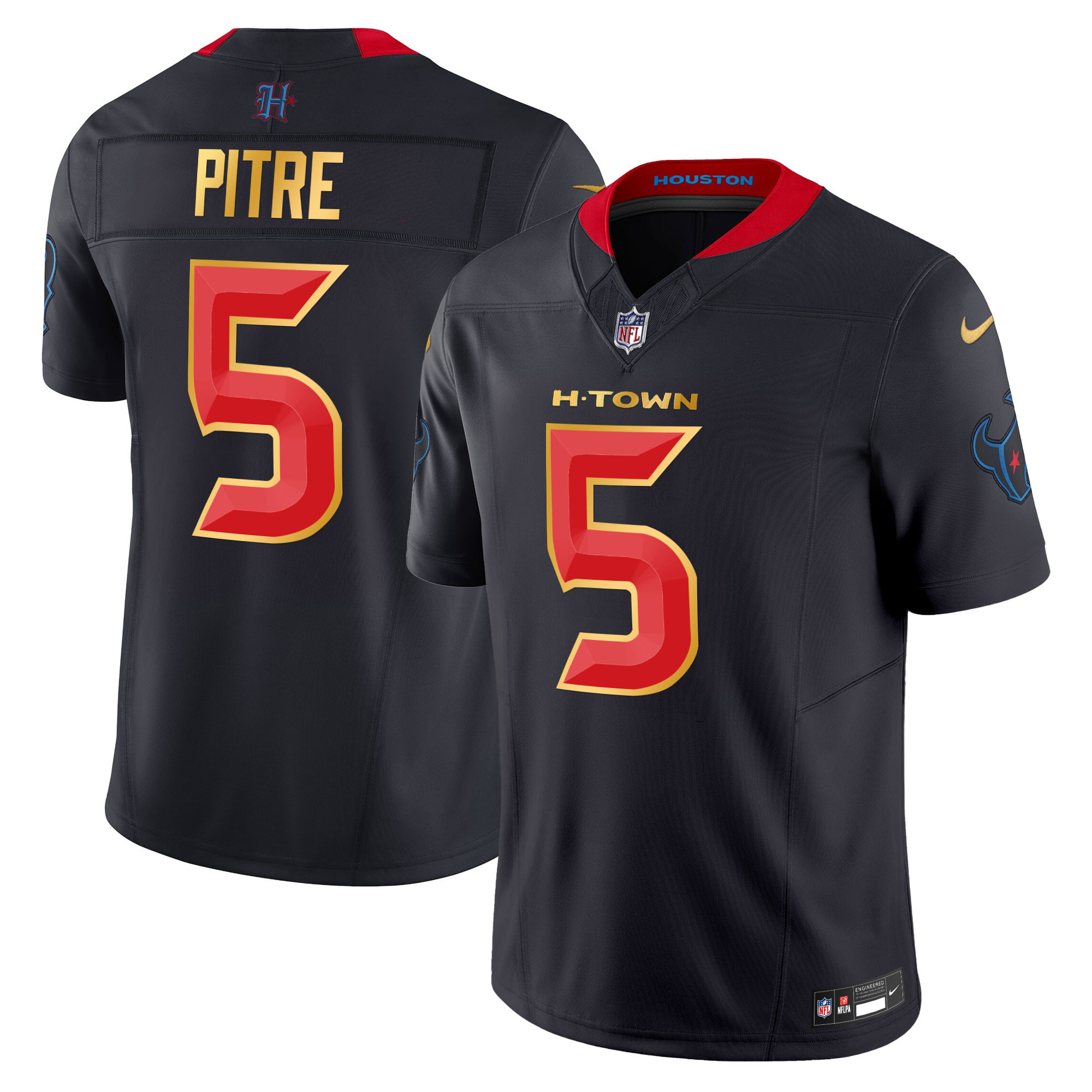 Men's Jalen Pitre Houston Texans 2024 Gold Trim Vapor Limited Navy Limited Jersey - All Stitched