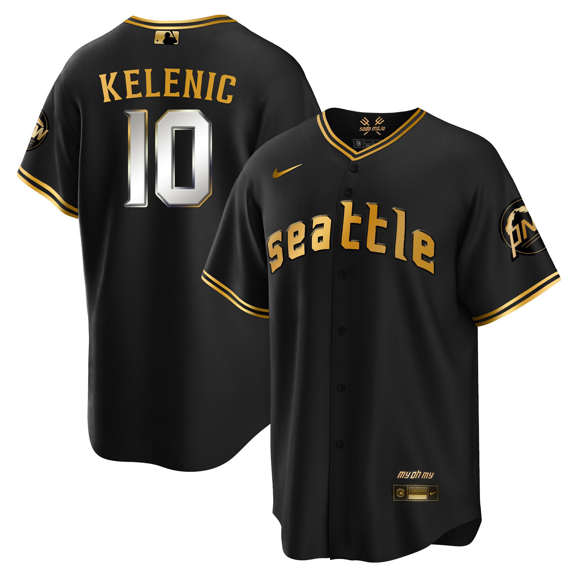 Men's Jarred Kelenic Seattle Mariners City Connect Cool Base Black Gold Jersey - All Stitched