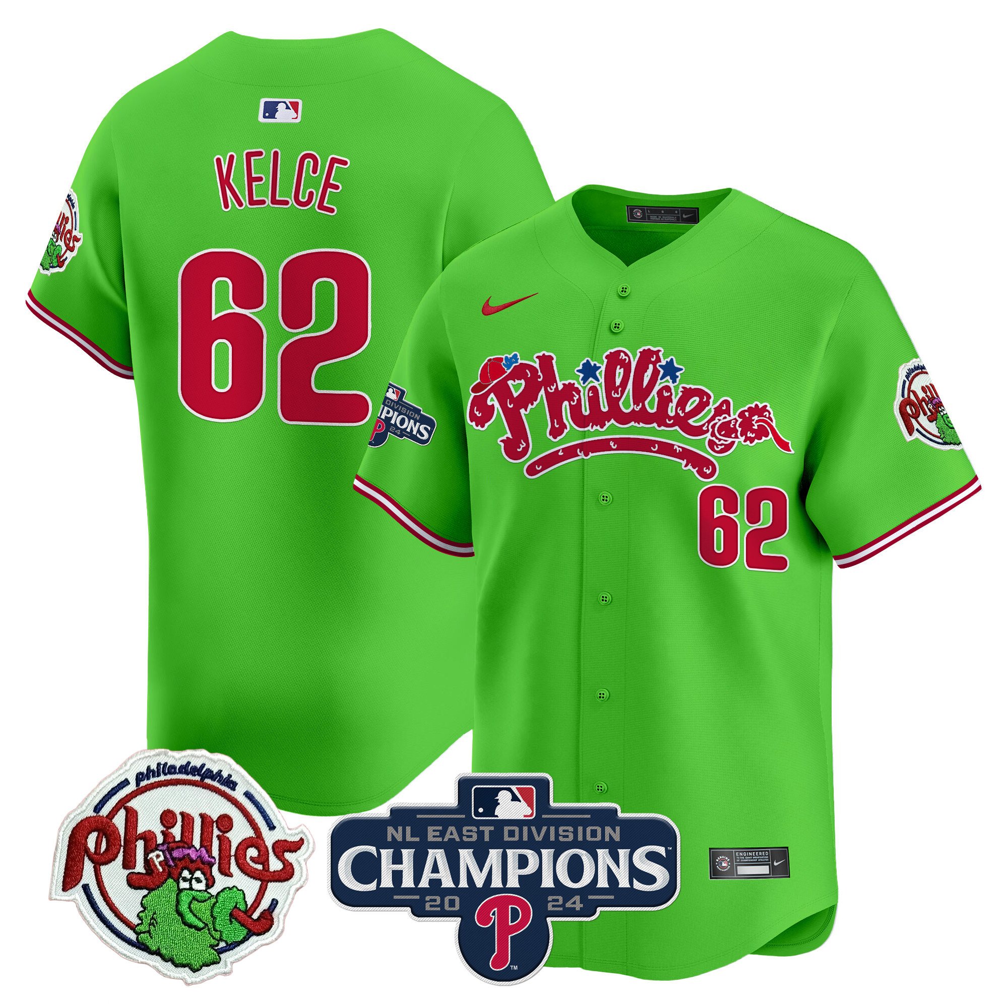 Men's Jason Kelce Philadelphia Phillies Phanatic 2024 NL East Division Champions Vapor Premier Limited Green Jersey - All Stitched