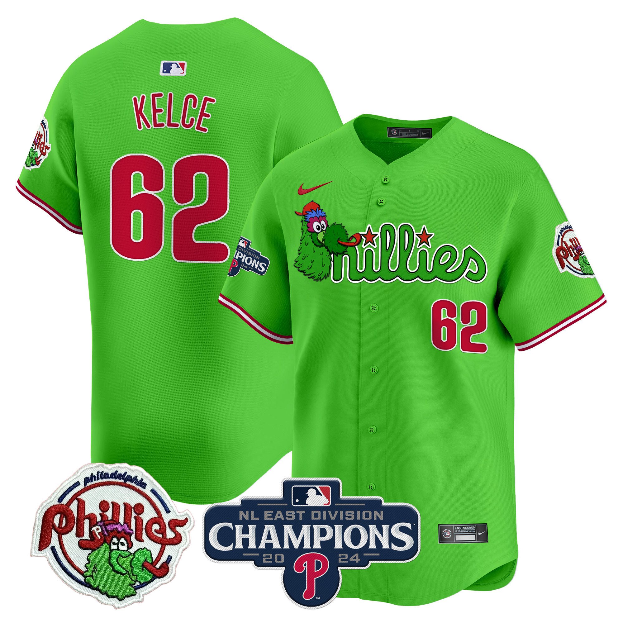 Men's Jason Kelce Philadelphia Phillies Phanatic 2024 NL East Division Champions Vapor Premier Limited Green Jersey V2 - All Stitched