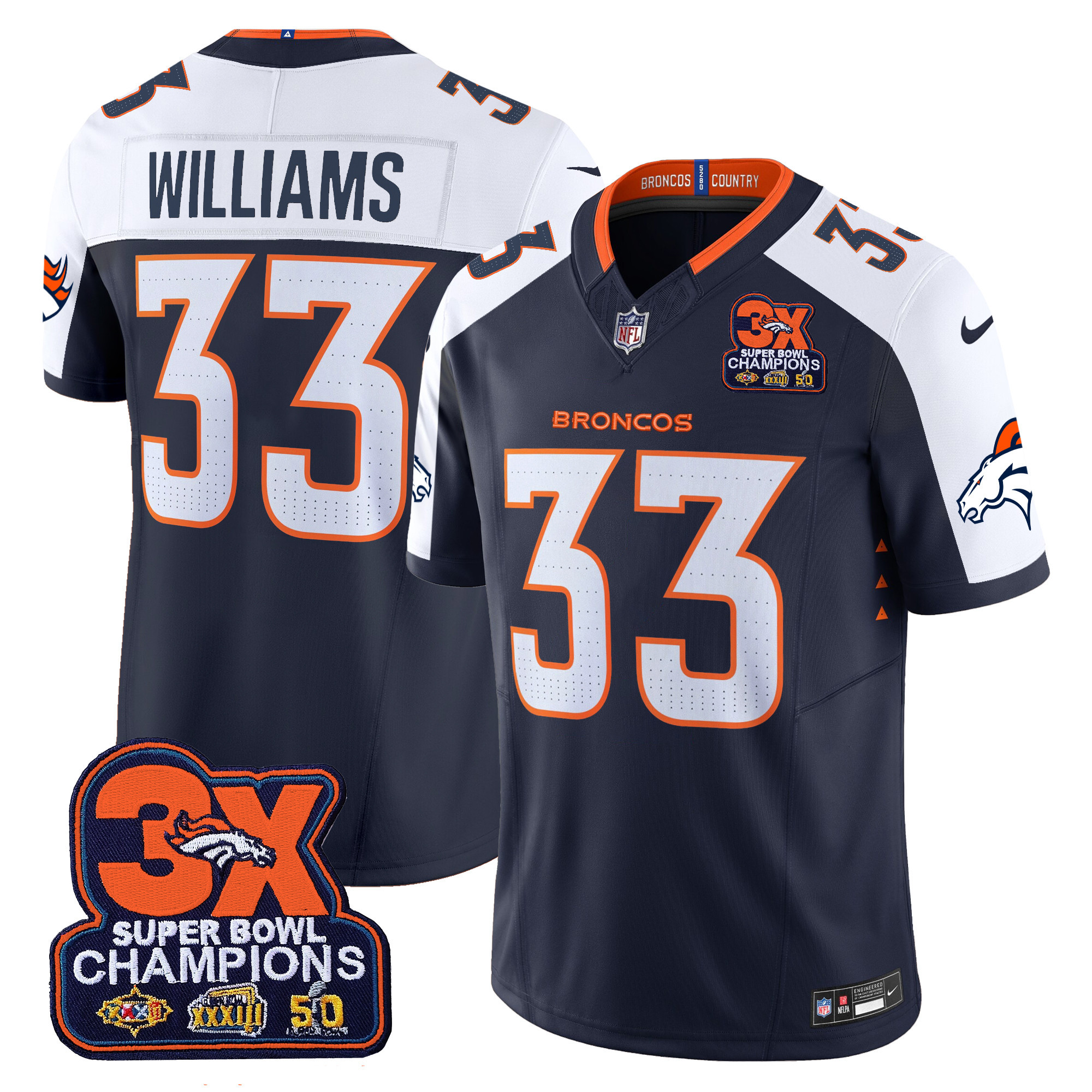 Men's Javonte Williams Denver Broncos 3-Time Champions Patch Vapor Limited Navy Alternate Jersey - All Stitched