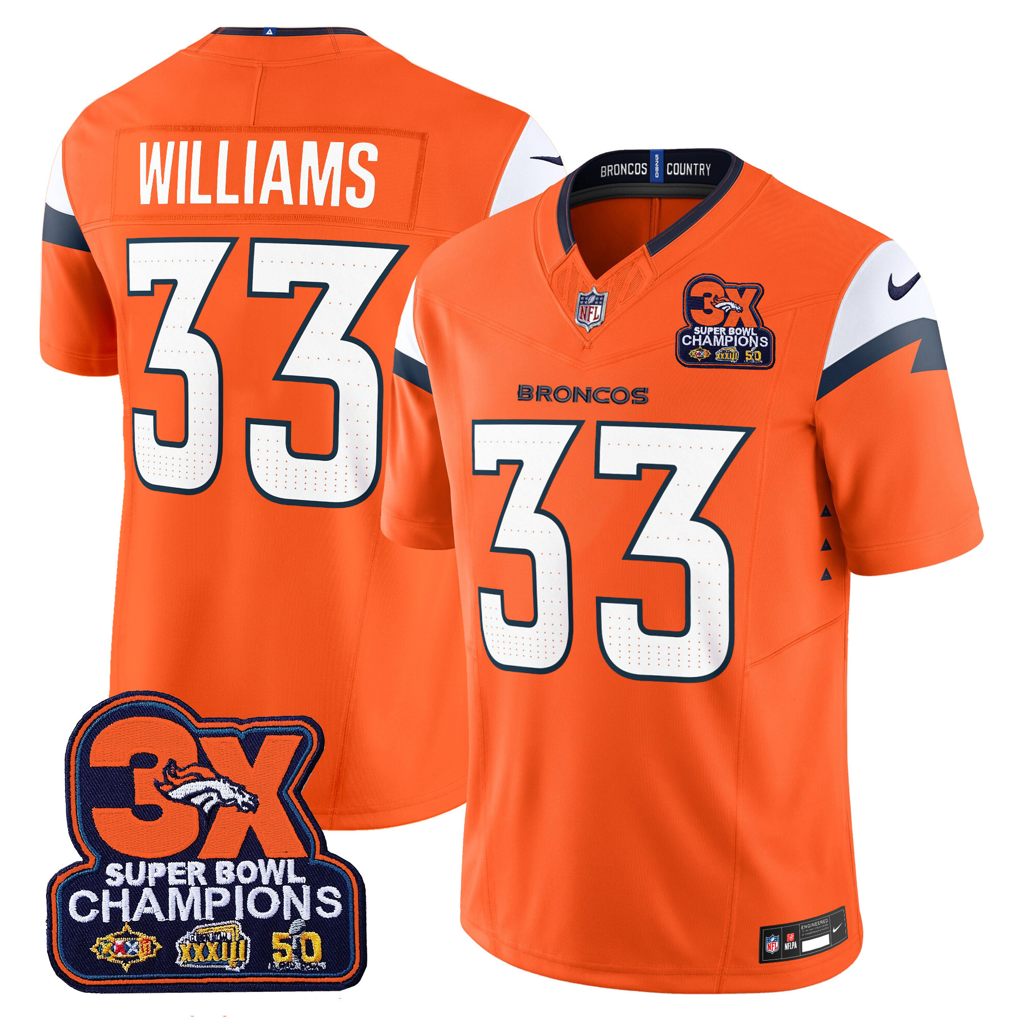 Men's Javonte Williams Denver Broncos 3-Time Champions Patch Vapor Limited Orange Jersey - All Stitched
