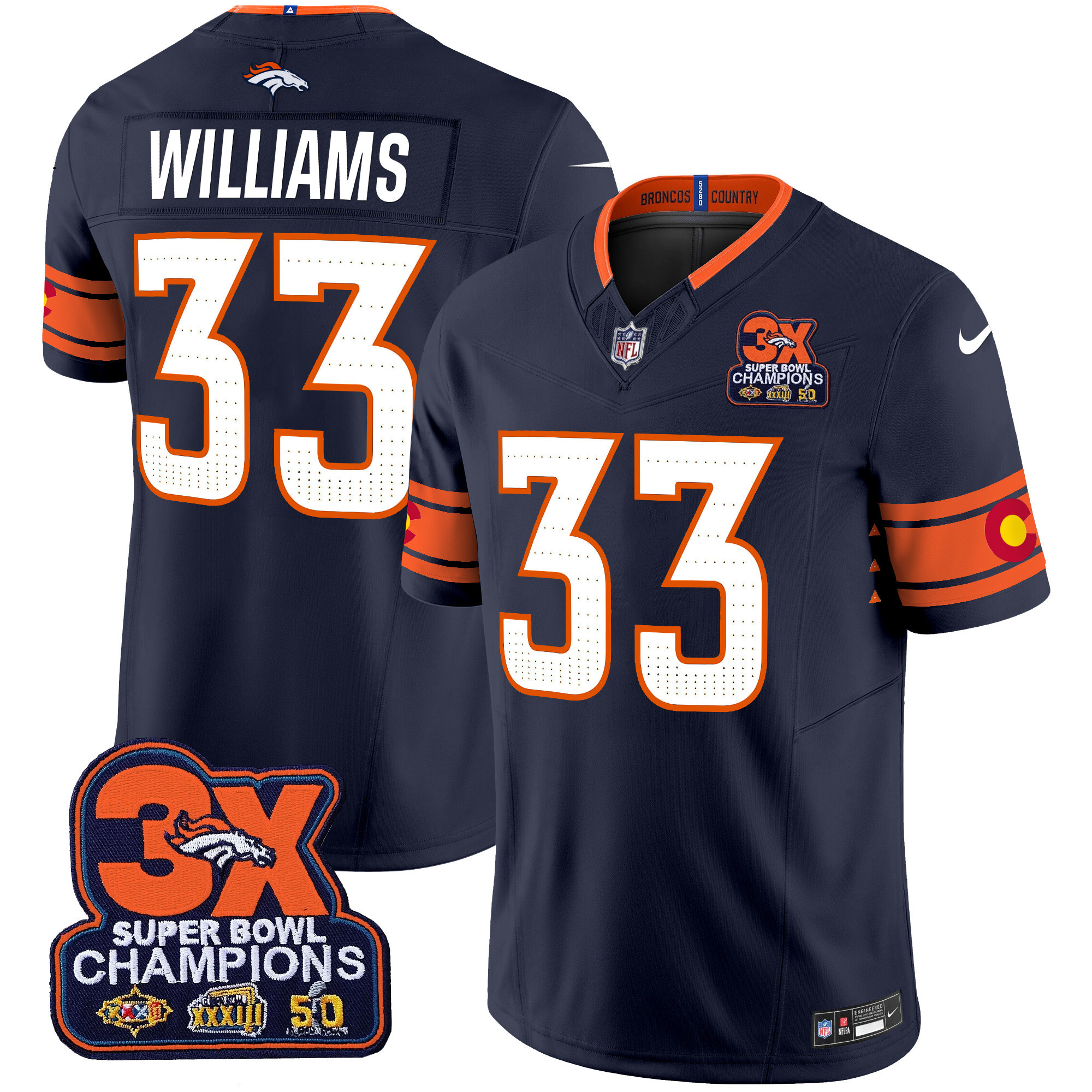 Men's Javonte Williams Denver Broncos 3x Patch "Colorado Flag" Vapor Limited Navy Jersey - All Stitched