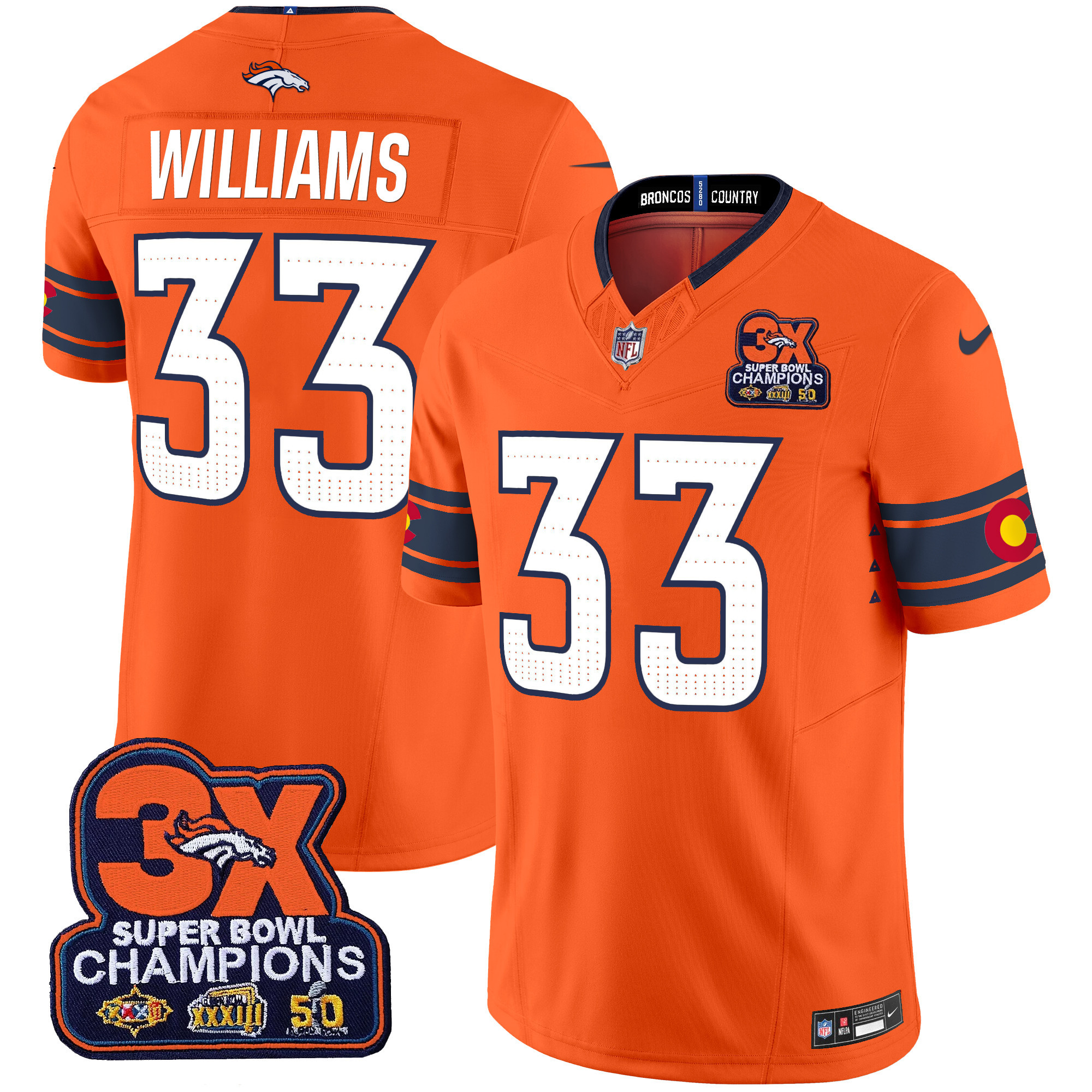 Men's Javonte Williams Denver Broncos 3x Patch "Colorado Flag" Vapor Limited Orange Jersey - All Stitched