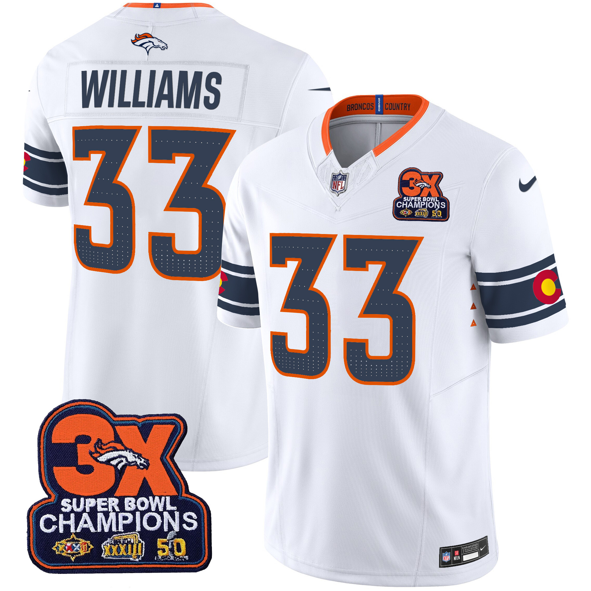 Men's Javonte Williams Denver Broncos 3x Patch "Colorado Flag" Vapor Limited White Jersey - All Stitched