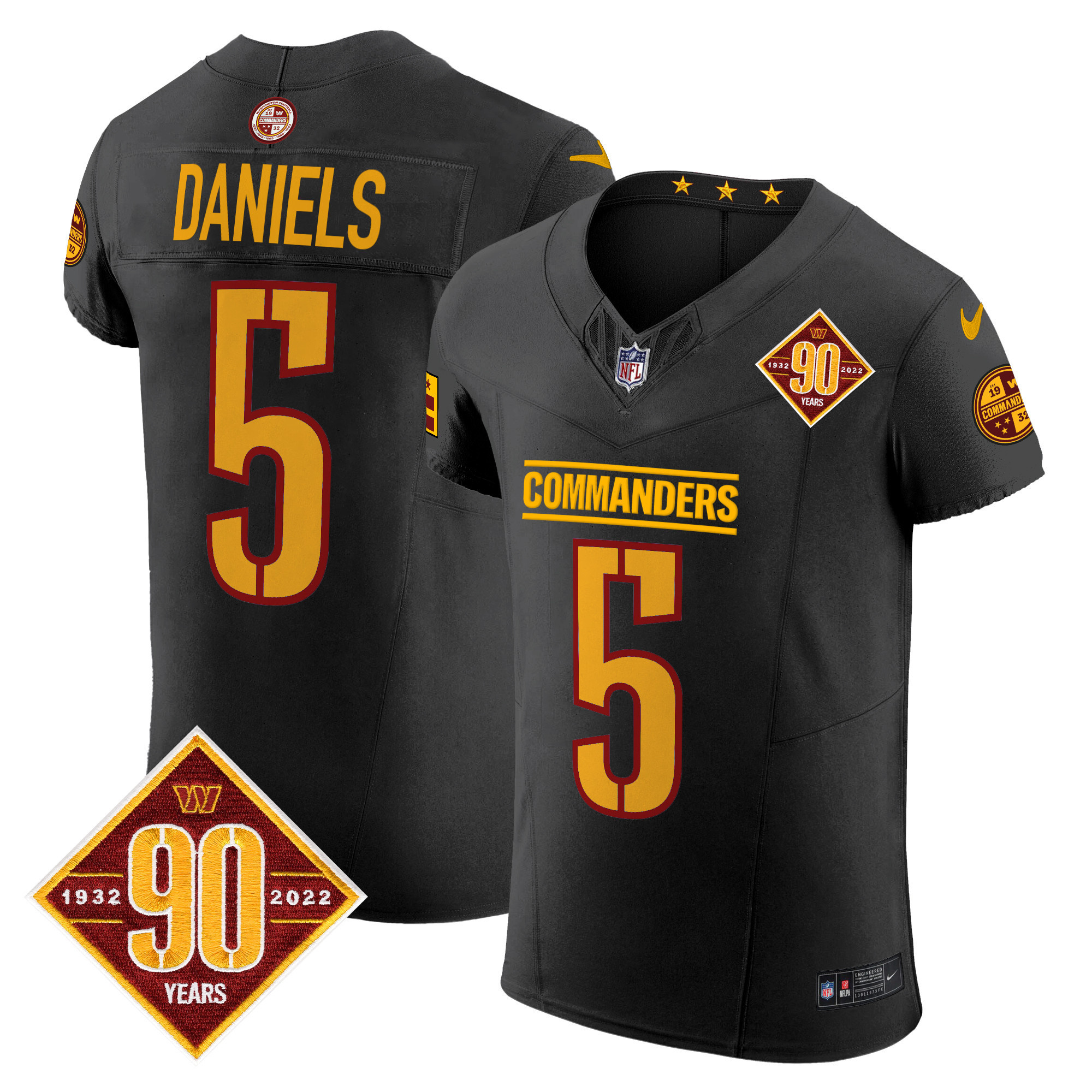 Men's Jayden Daniels Washington Commanders 90th Anniversary Patch Vapor Elite Black Jersey - All Stitched