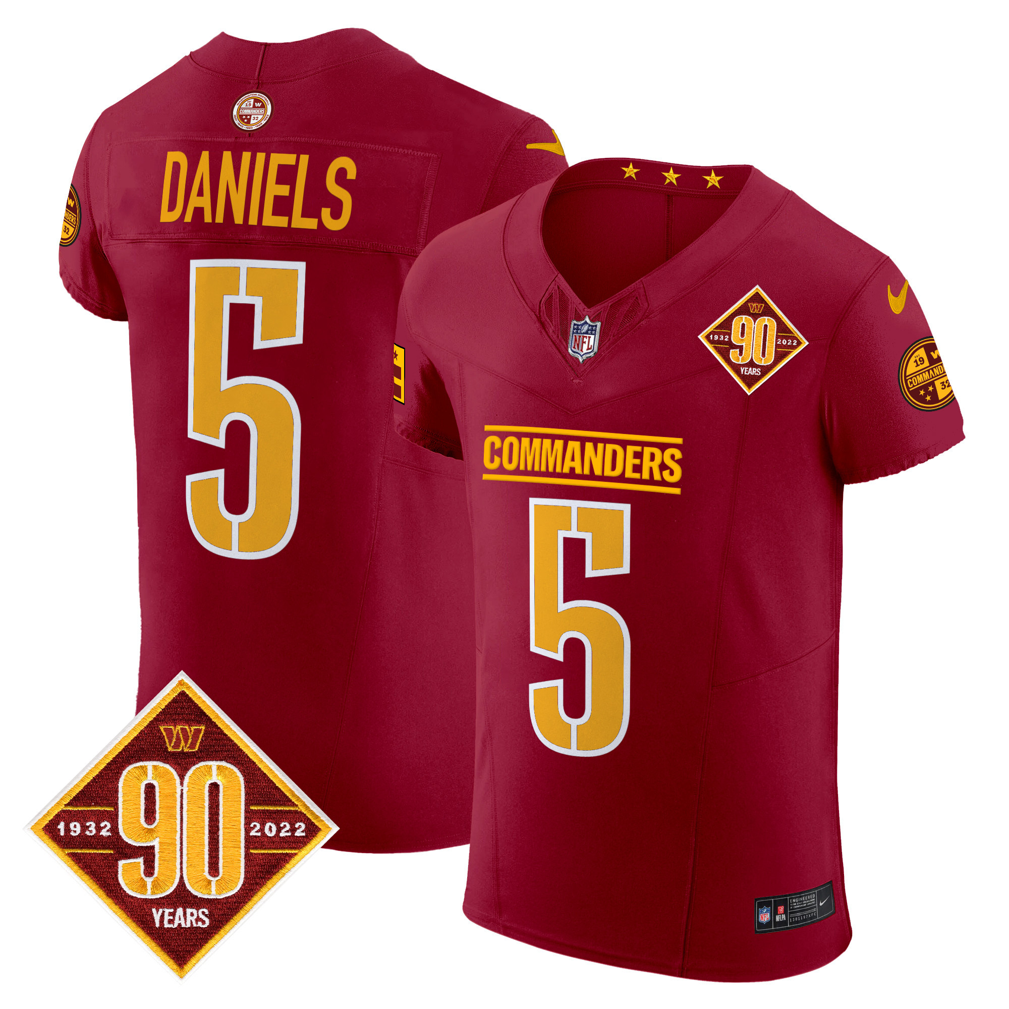 Men's Jayden Daniels Washington Commanders 90th Anniversary Patch Vapor Elite Burgundy Jersey - All Stitched
