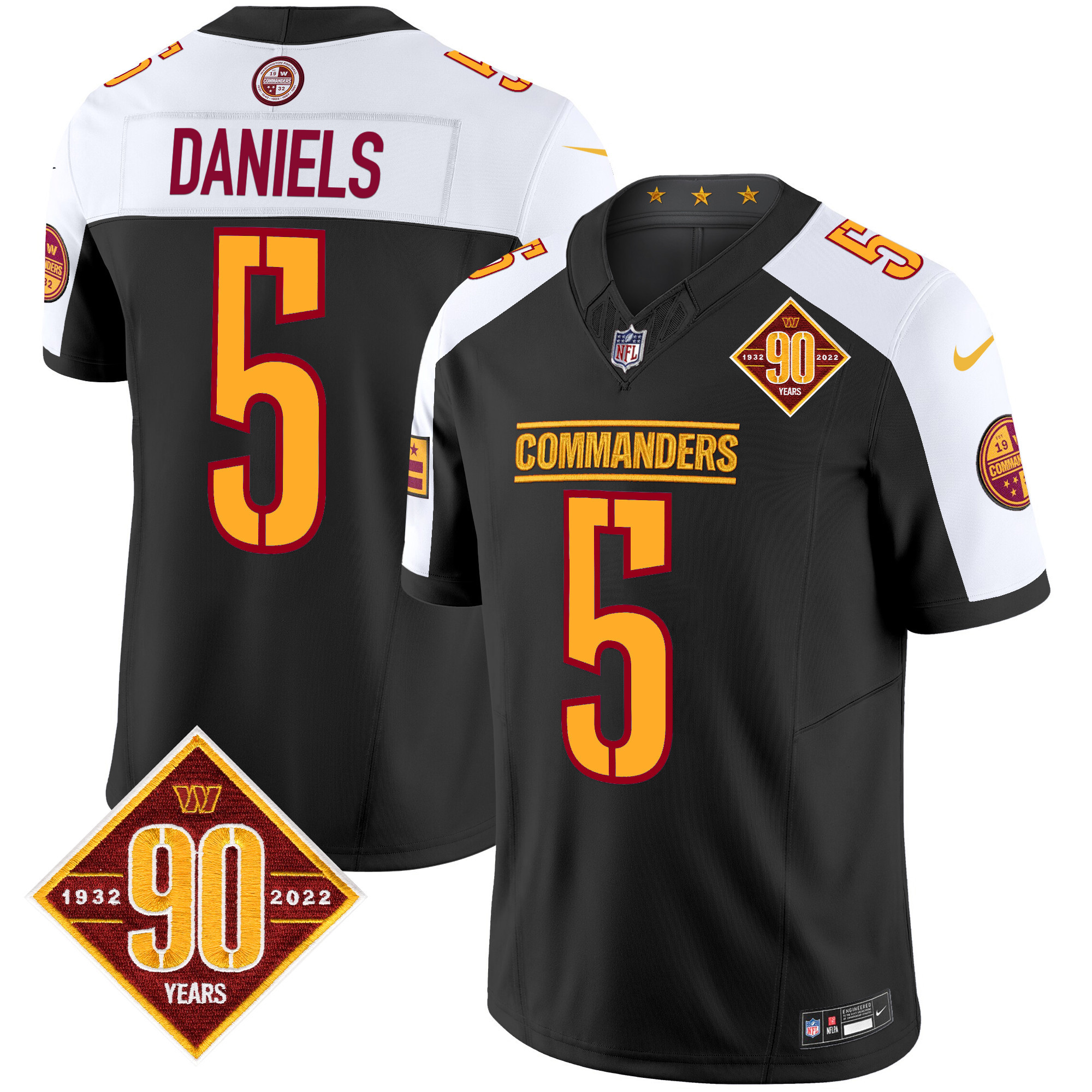 Men's Jayden Daniels Washington Commanders 90th Anniversary Patch Vapor Limited Black Alternate Jersey - All Stitched