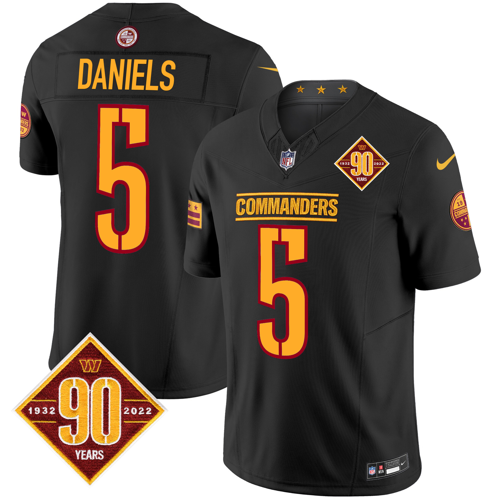 Men's Jayden Daniels Washington Commanders 90th Anniversary Patch Vapor Limited Black Jersey - All Stitched