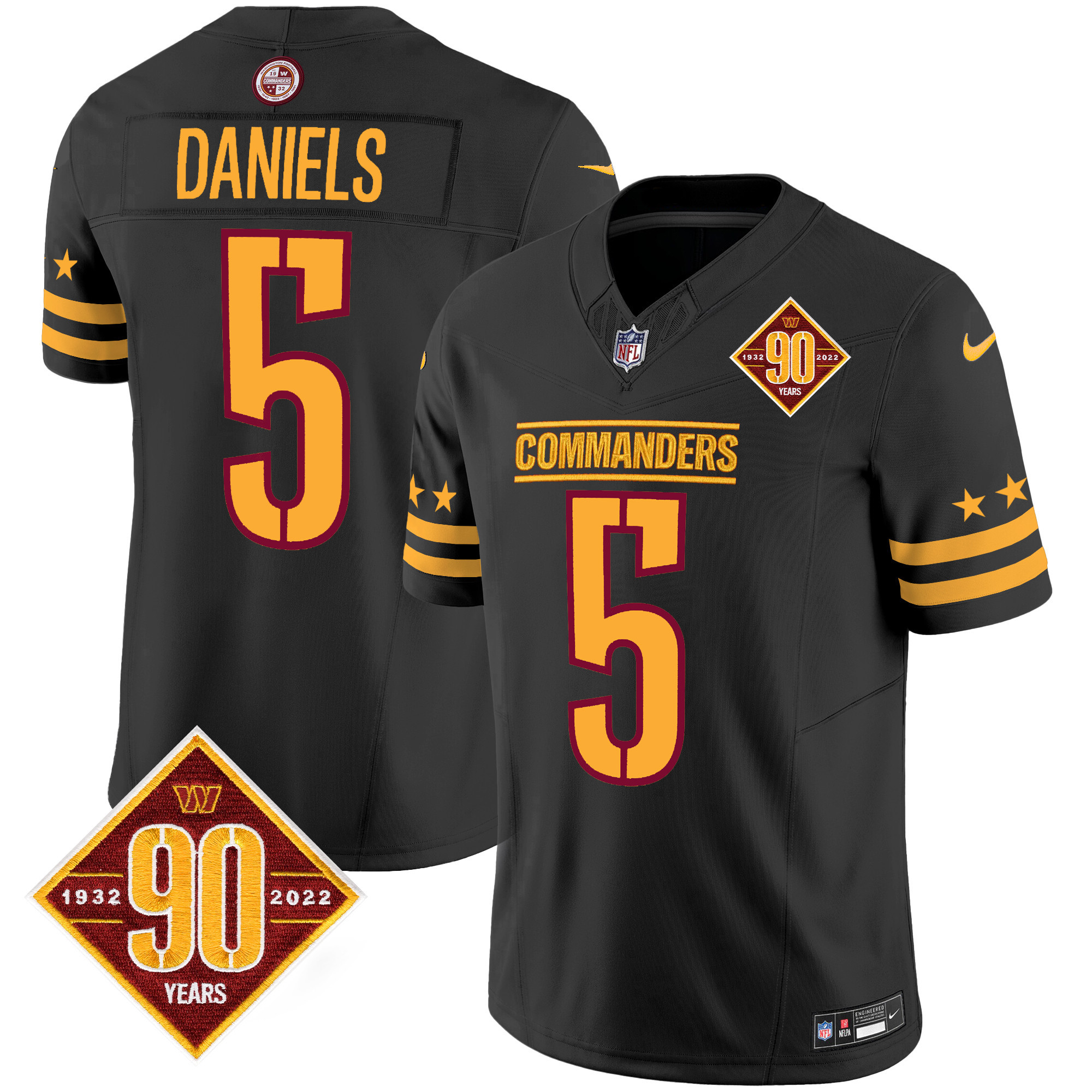 Men's Jayden Daniels Washington Commanders 90th Anniversary Patch Vapor Limited Black Jersey - All Stitched