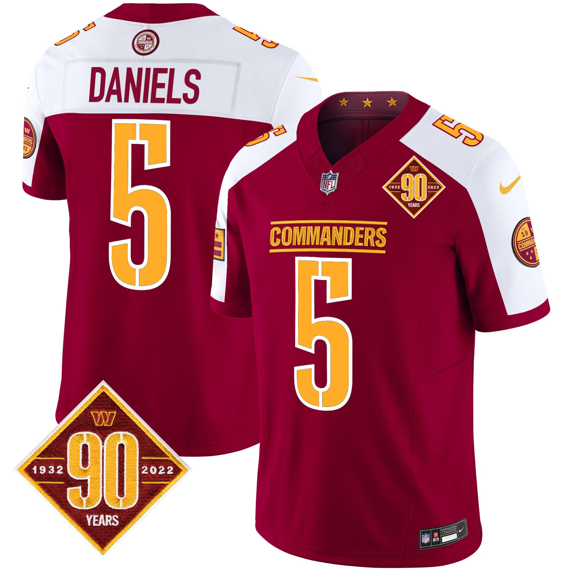 Men's Jayden Daniels Washington Commanders 90th Anniversary Patch Vapor Limited Burgundy Alternate Jersey - All Stitched