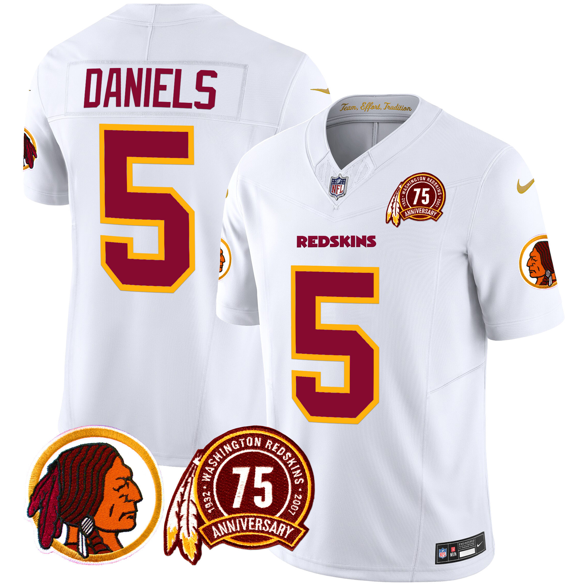 Men's Jayden Daniels Washington Redskins 75th Patch Throwback Vapor Limited White Jersey - All Stitched