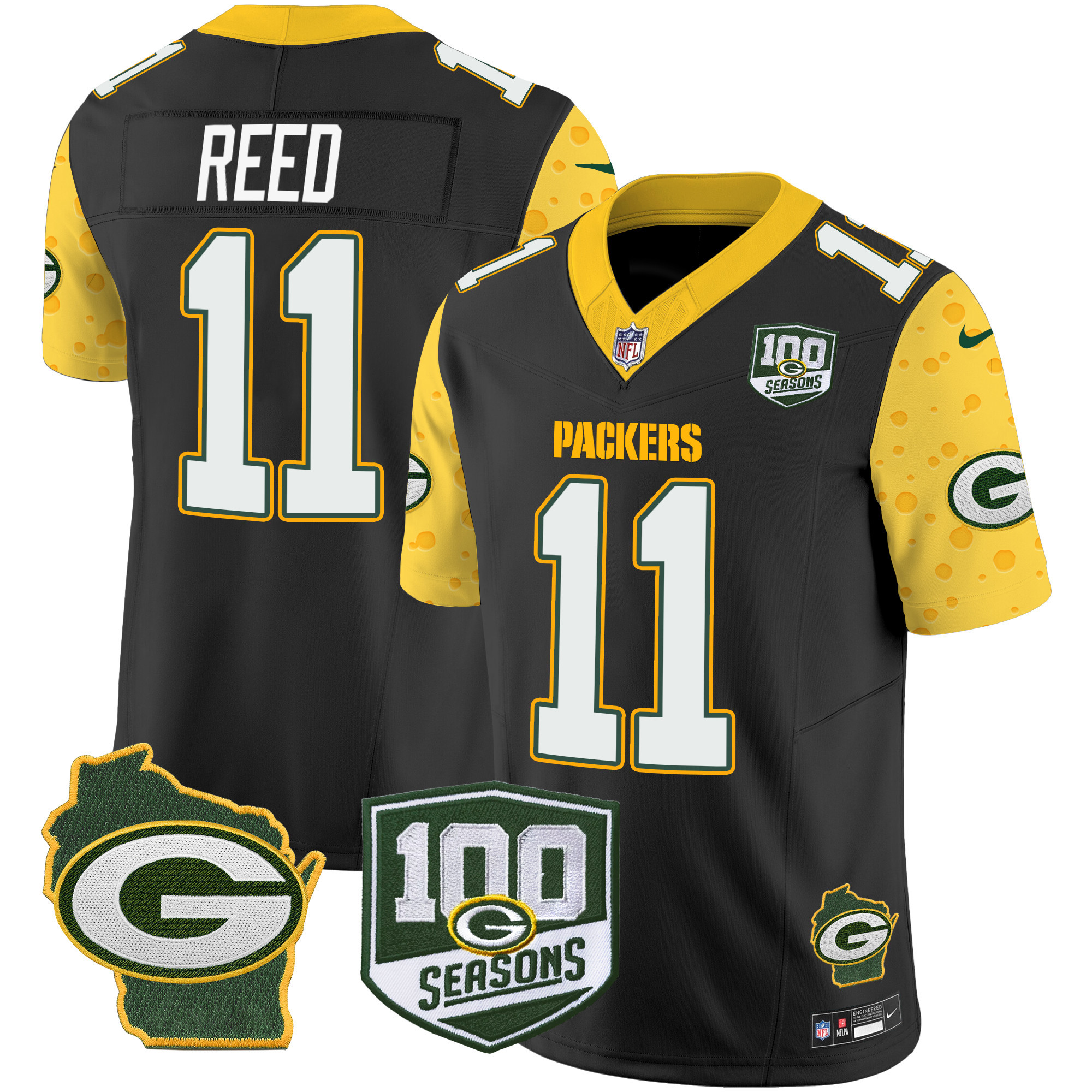 Men's Jayden Reed Green Bay Packers 100th Season & Home Patch Cheese Vapor Limited Black Jersey â€“ All Stitched