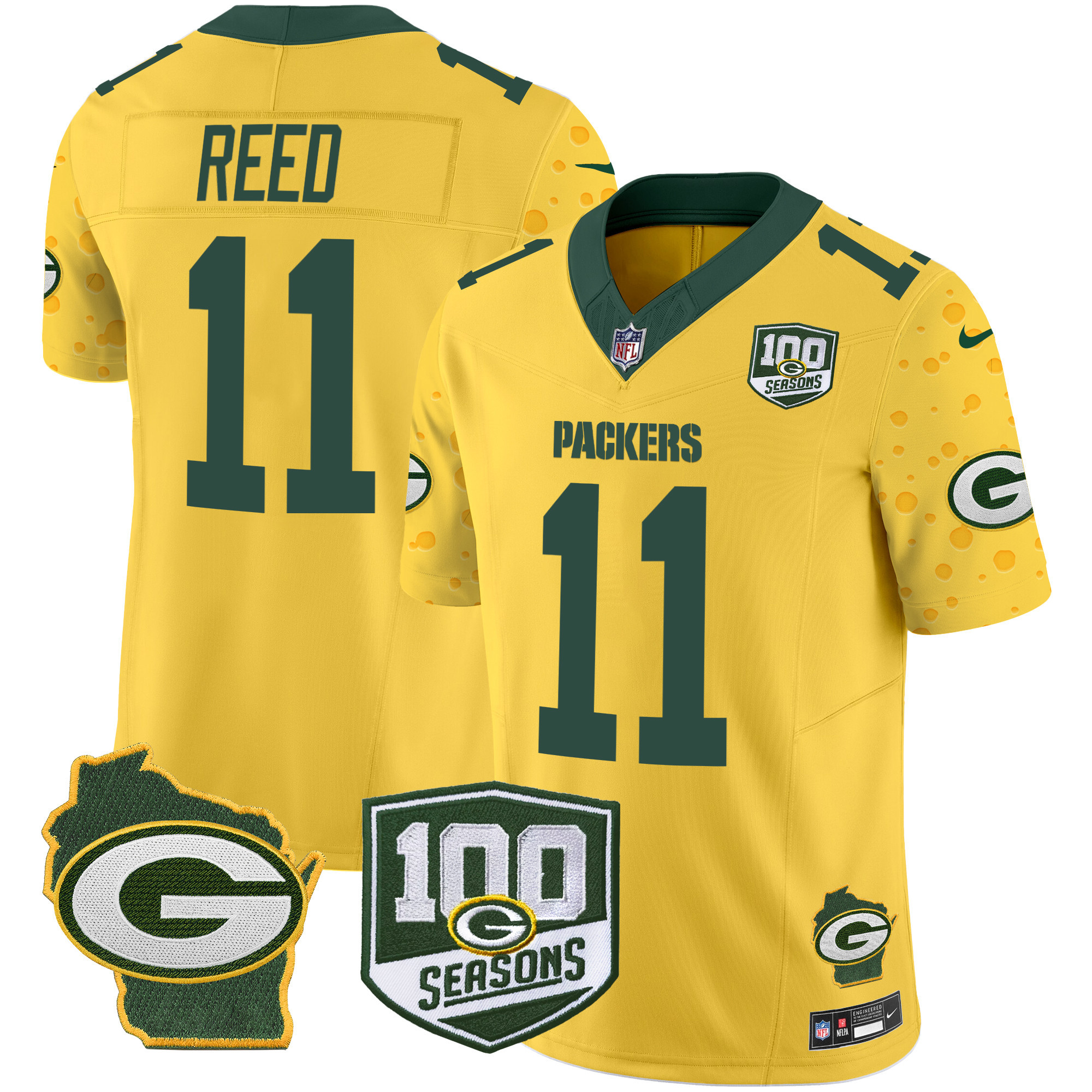Men's Jayden Reed Green Bay Packers 100th Season & Home Patch Cheese Vapor Limited Gold Jersey â€“ All Stitched