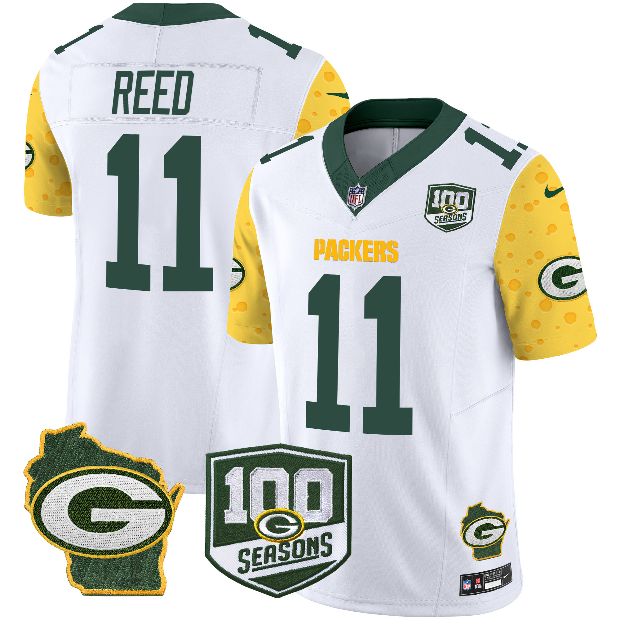 Men's Jayden Reed Green Bay Packers 100th Season & Home Patch Cheese Vapor Limited White Jersey â€“ All Stitched