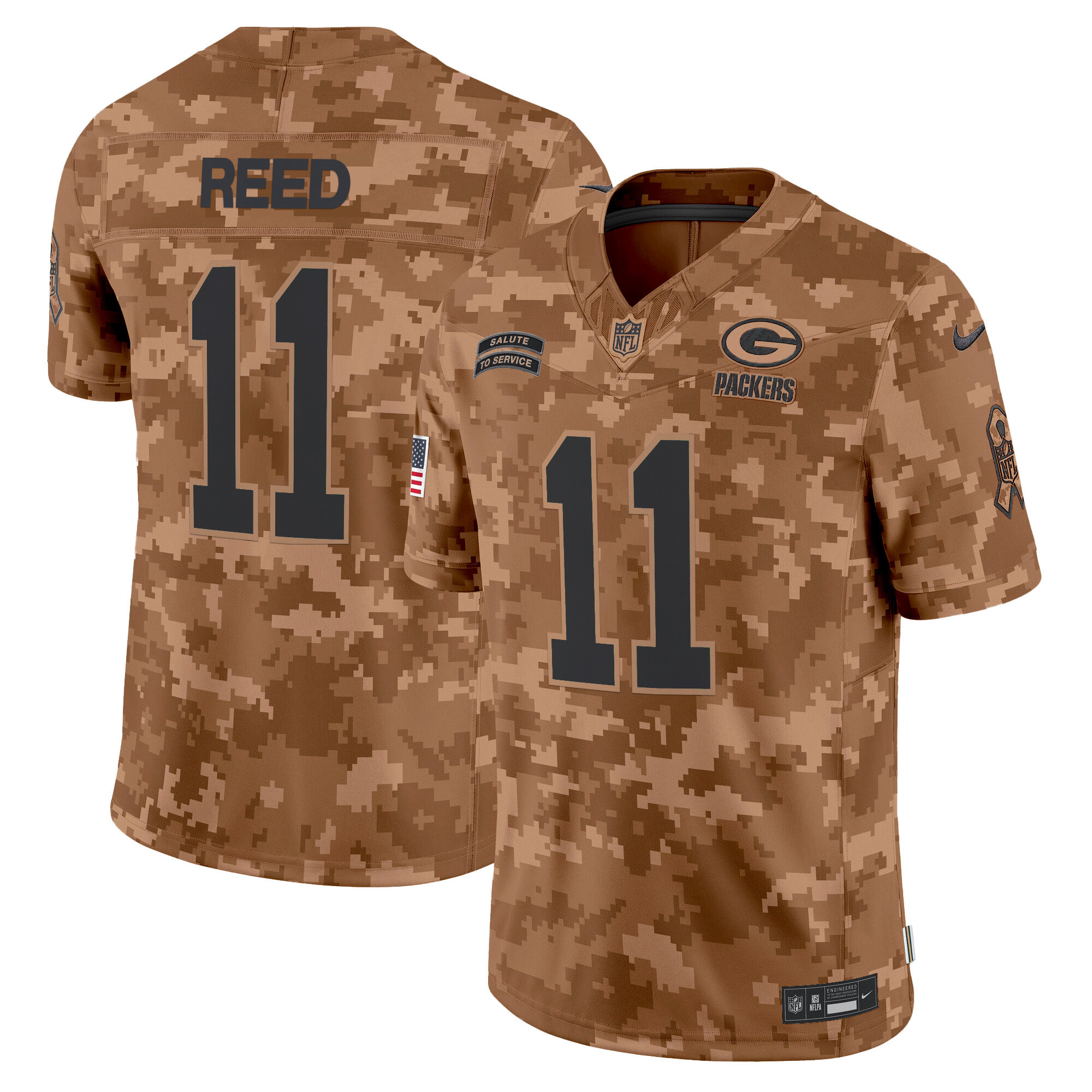 Men's Jayden Reed Green Bay Packers 2024 Salute to Service Vapor Limited Brown Camo Jersey - All Stitched