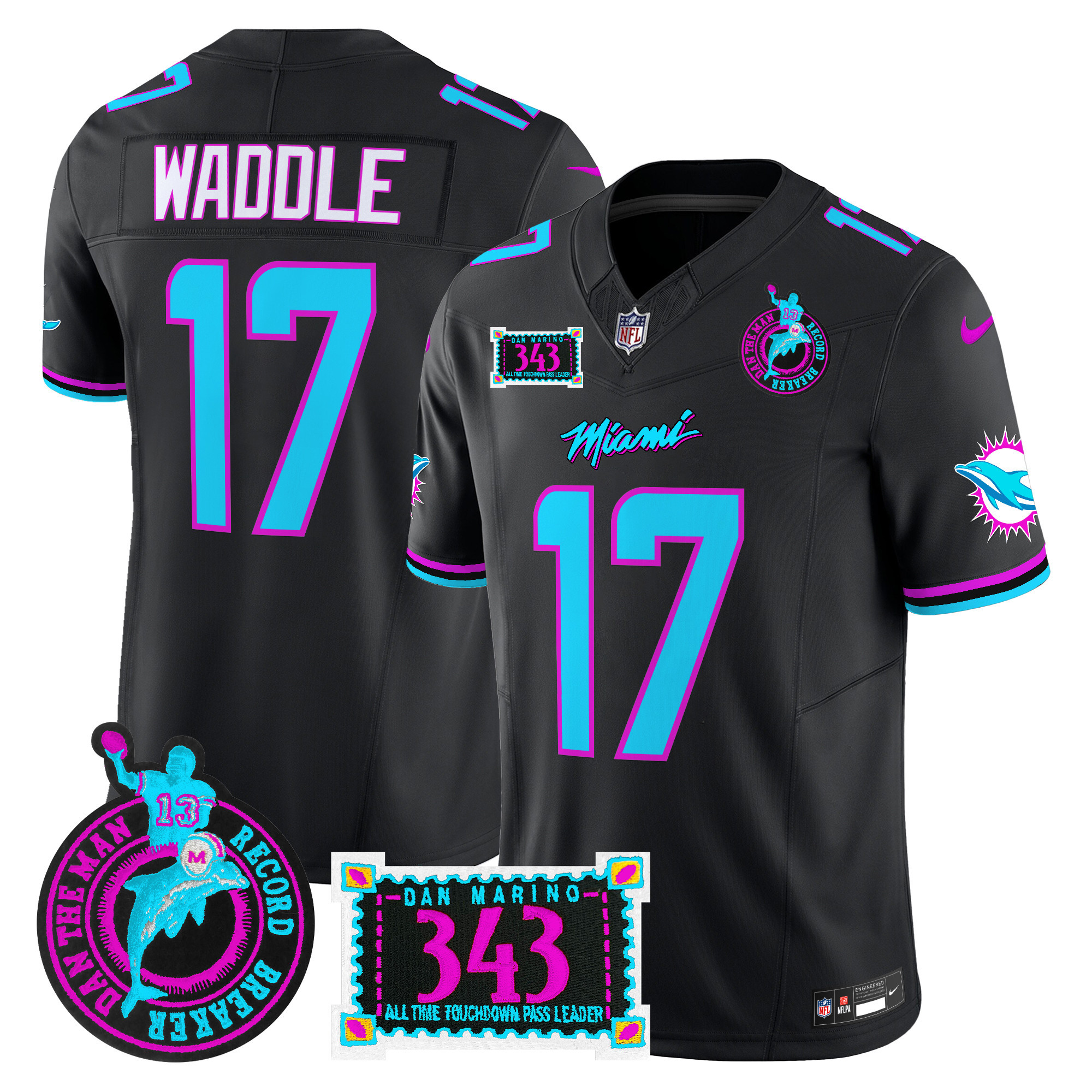 Men's Jaylen Waddle Miami Dolphins "Dan the Man Record Breaker" Patch Vapor Limited Black Jersey - All Stitched