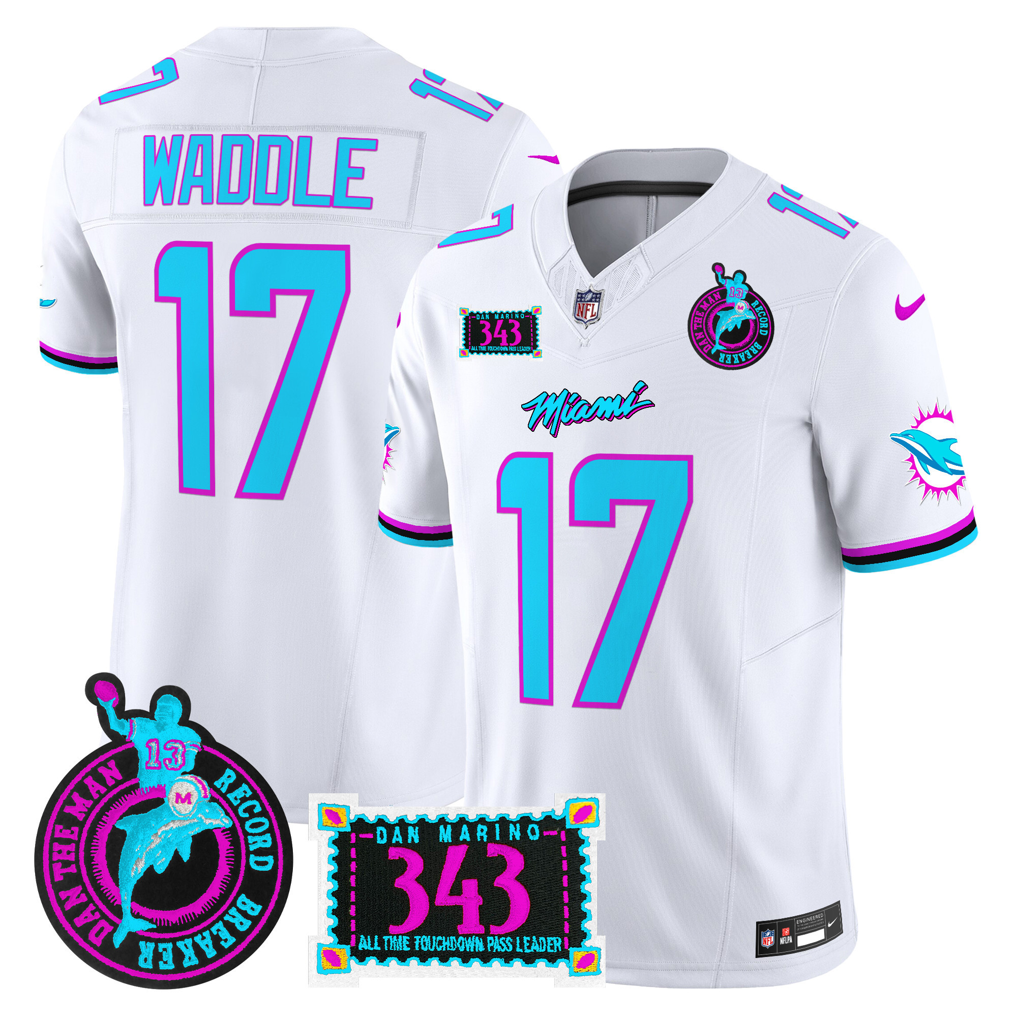 Men's Jaylen Waddle Miami Dolphins "Dan the Man Record Breaker" Patch Vapor Limited White Jersey - All Stitched