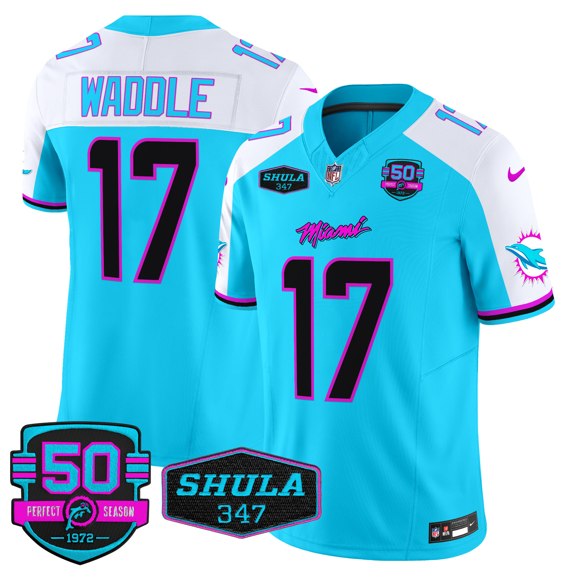 Men's Jaylen Waddle Miami Dolphins "Miami Vice" Vapor Limited Aqua Alternate Jersey V4 - All Stitched