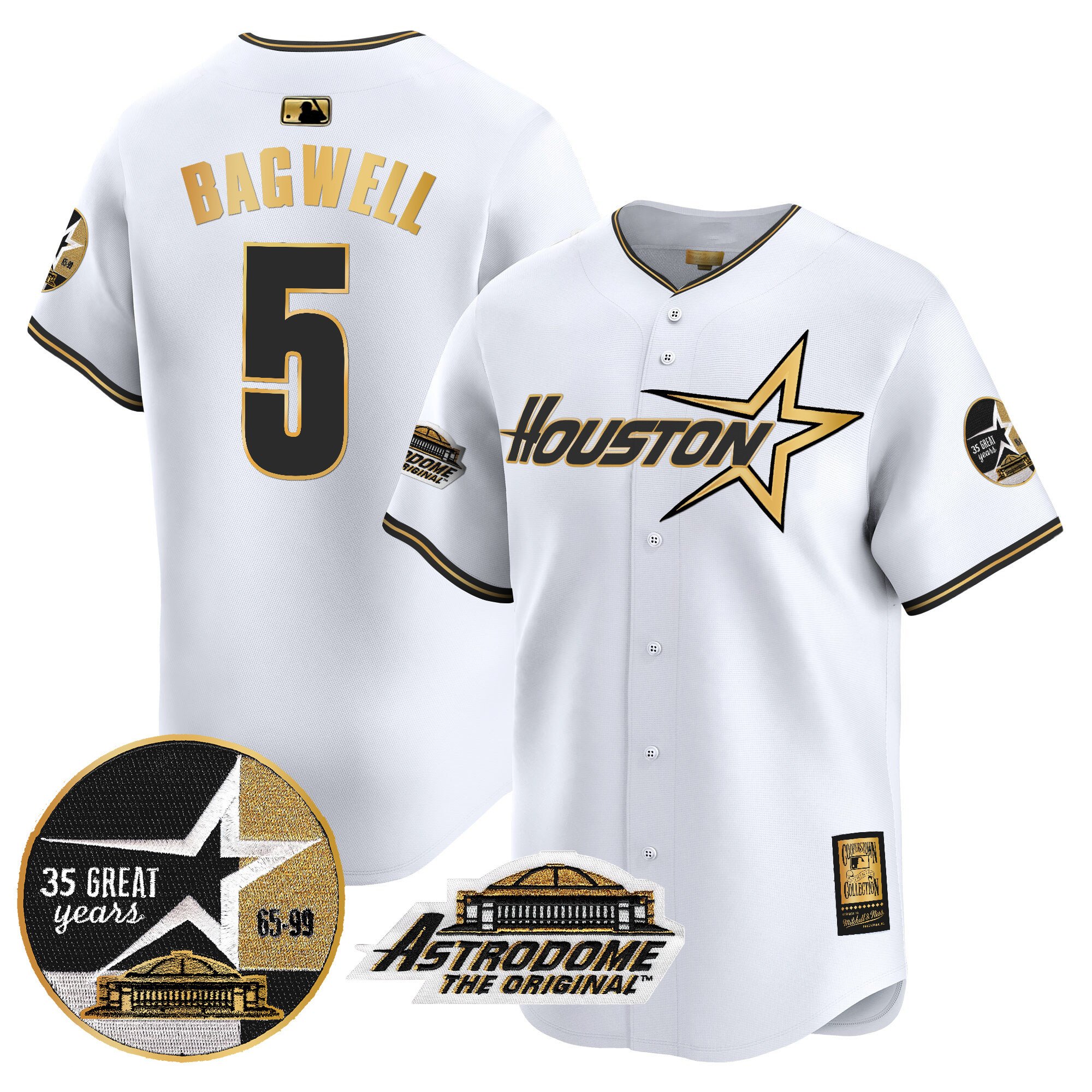 Men's Jeff Bagwell Houston Astros 1999 Throwback 35th & Astrodome Patch Vapor Premier Limited White Gold Jersey V2 - All Stitched