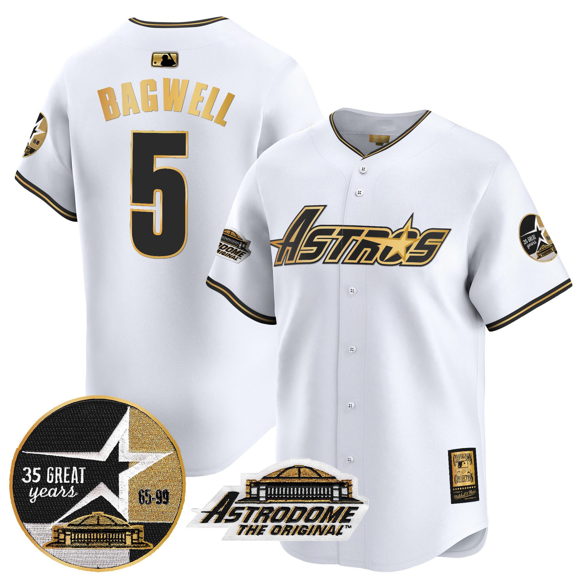 Men's Jeff Bagwell Houston Astros 1999 Throwback 35th & Astrodome Patch Vapor Premier Limited White Gold Jersey V3 - All Stitched