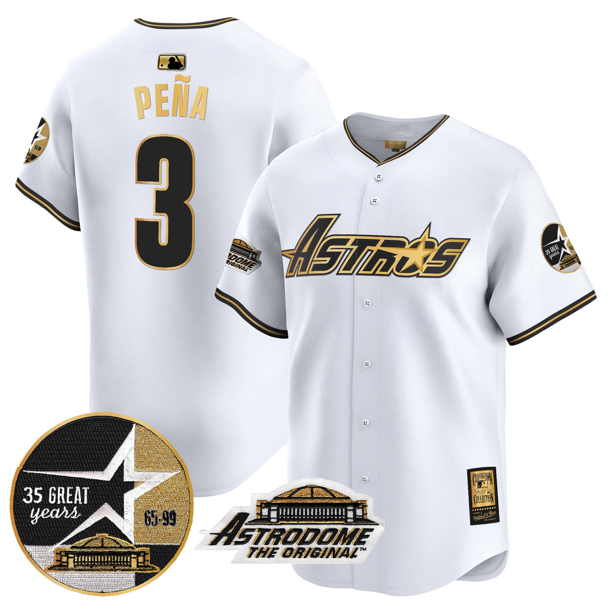 Men's Jeremy Pena Houston Astros 1999 Throwback 35th & Astrodome Patch Vapor Premier Limited White Gold Jersey V3 - All Stitched