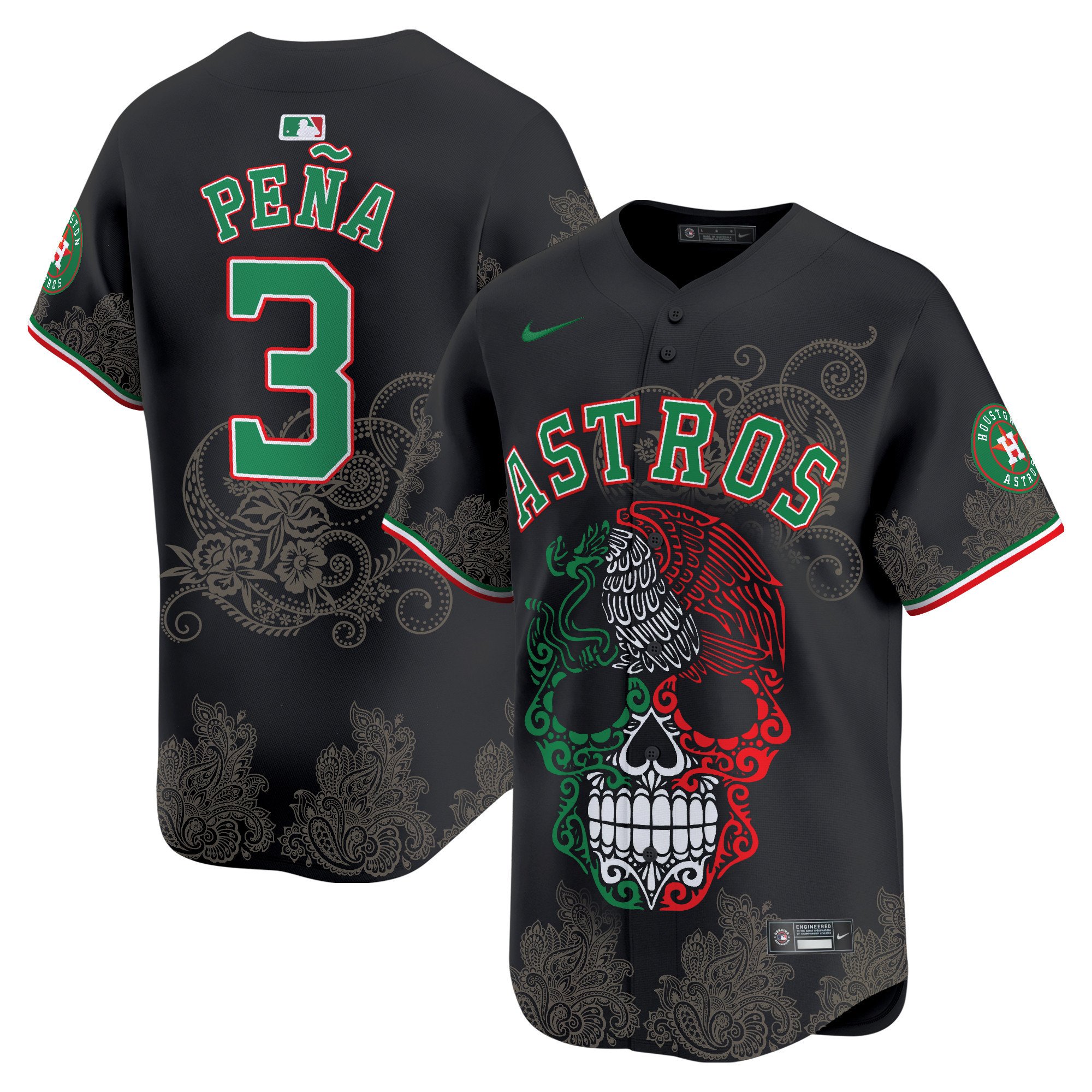 Men's Jeremy Pena Houston Astros Aztec Warrior Skull Vapor Limited Black Jersey - Printed