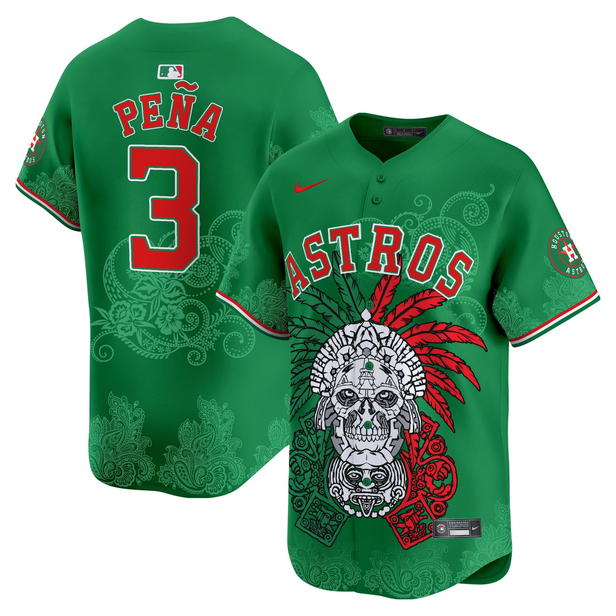 Men's Jeremy Pena Houston Astros Aztec Warrior Skull Vapor Premier Limited Green Jersey V2 - Printed