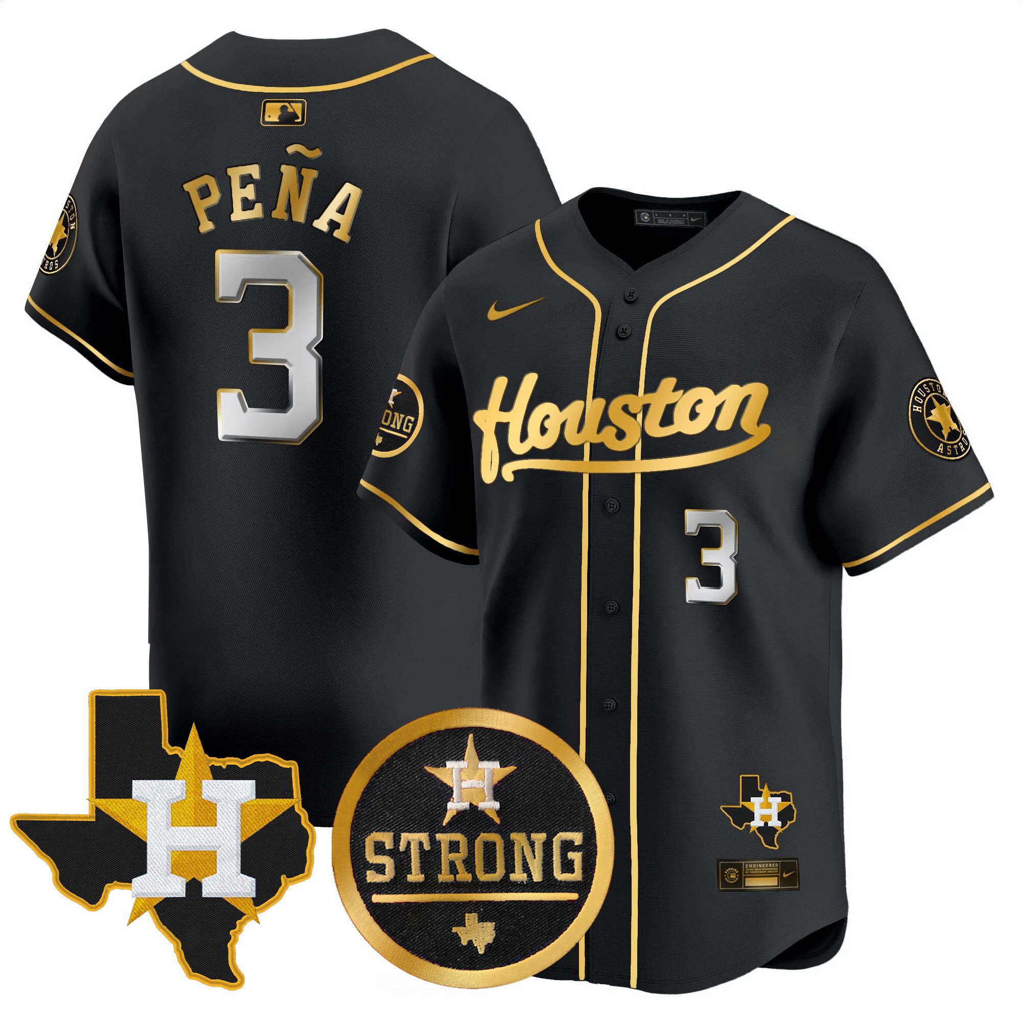 Men's Jeremy Pena Houston Astros "Houston Strong" Patch Vapor Premier Limited Black Gold Jersey - All Stitched