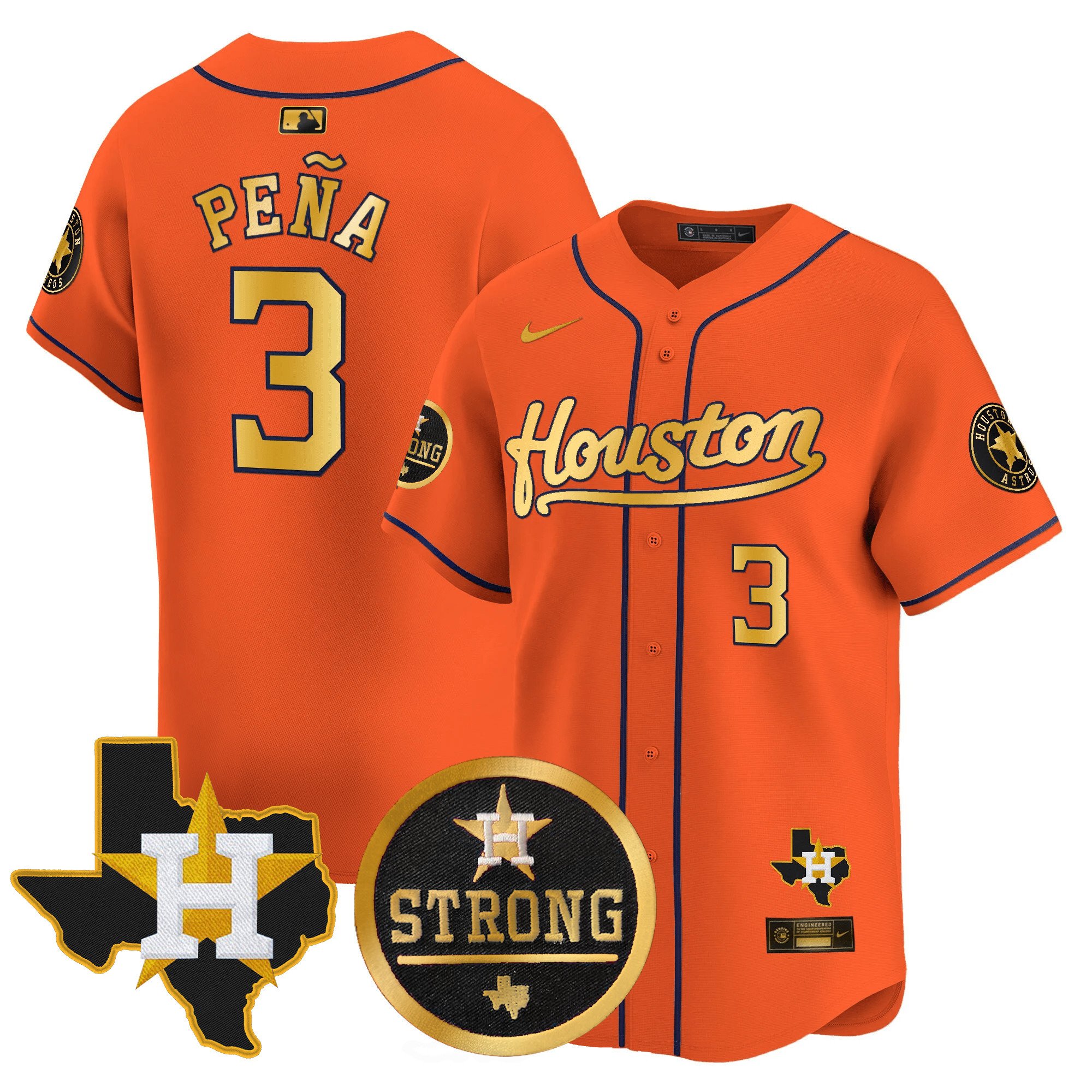 Men's Jeremy Pena Houston Astros "Houston Strong" Patch Vapor Premier Limited Orange Gold Jersey - All Stitched