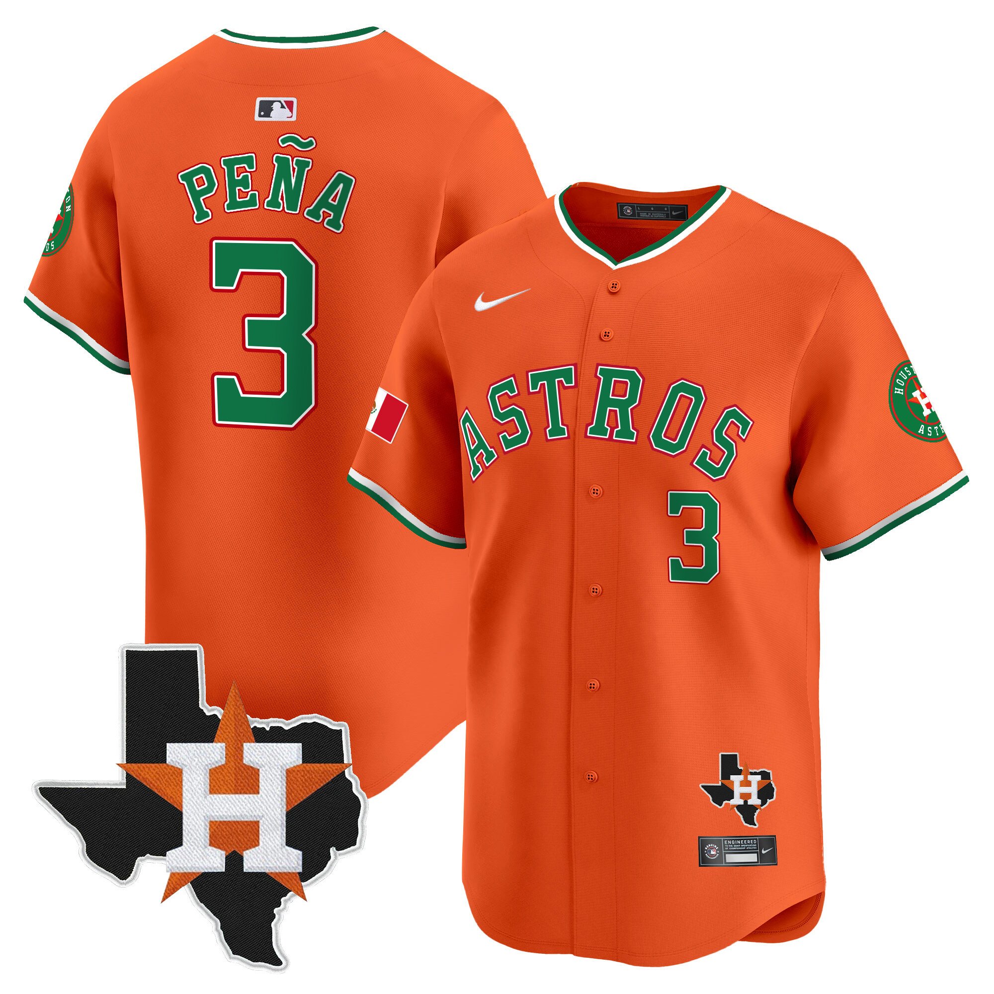 Men's Jeremy Pena Houston Astros Mexico Texas Patch Vapor Premier Limited Orange Jersey V4 - All Stitched