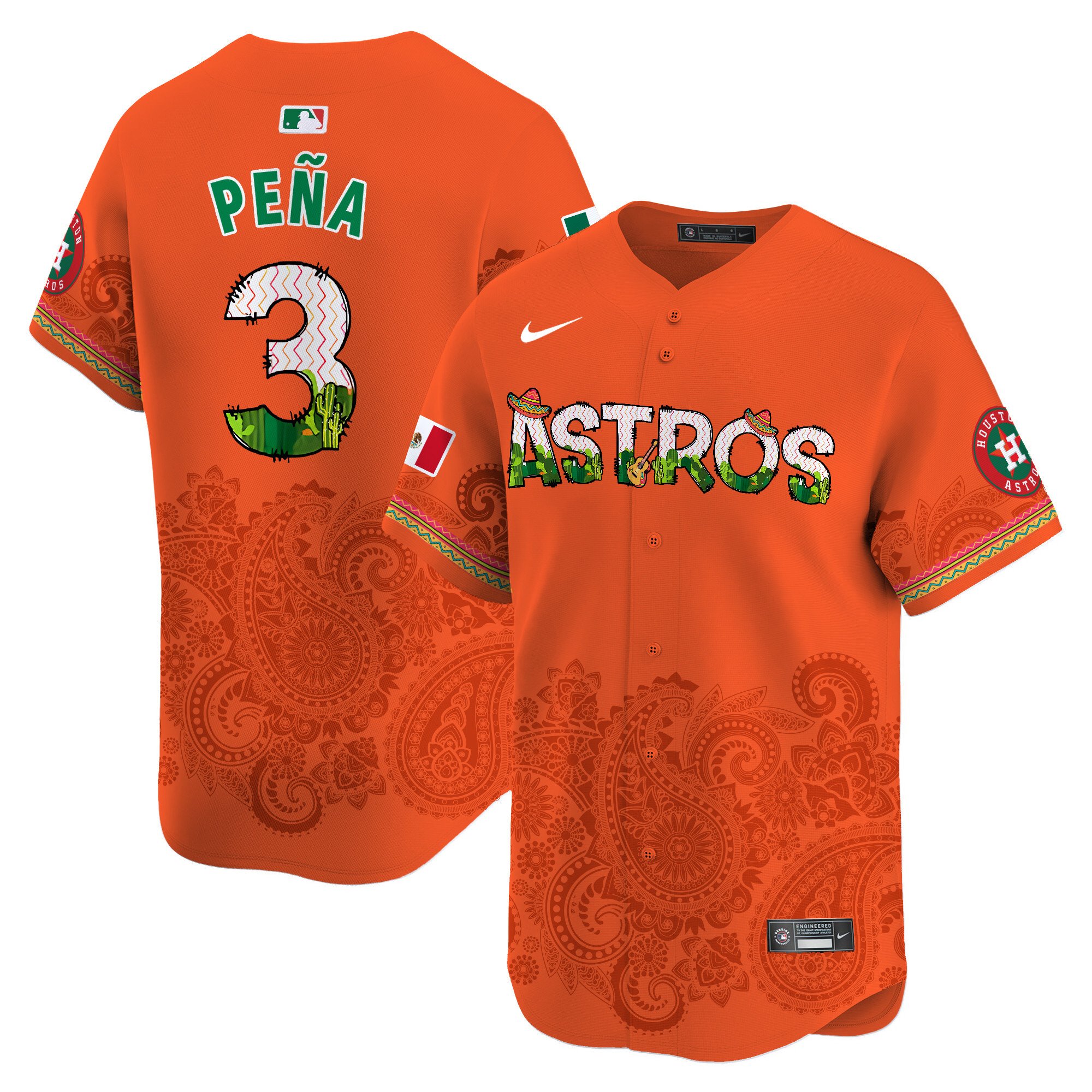 Men's Jeremy Pena Houston Astros Paisley Mexico Vapor Premier Limited Orange Jersey V4 - Printed