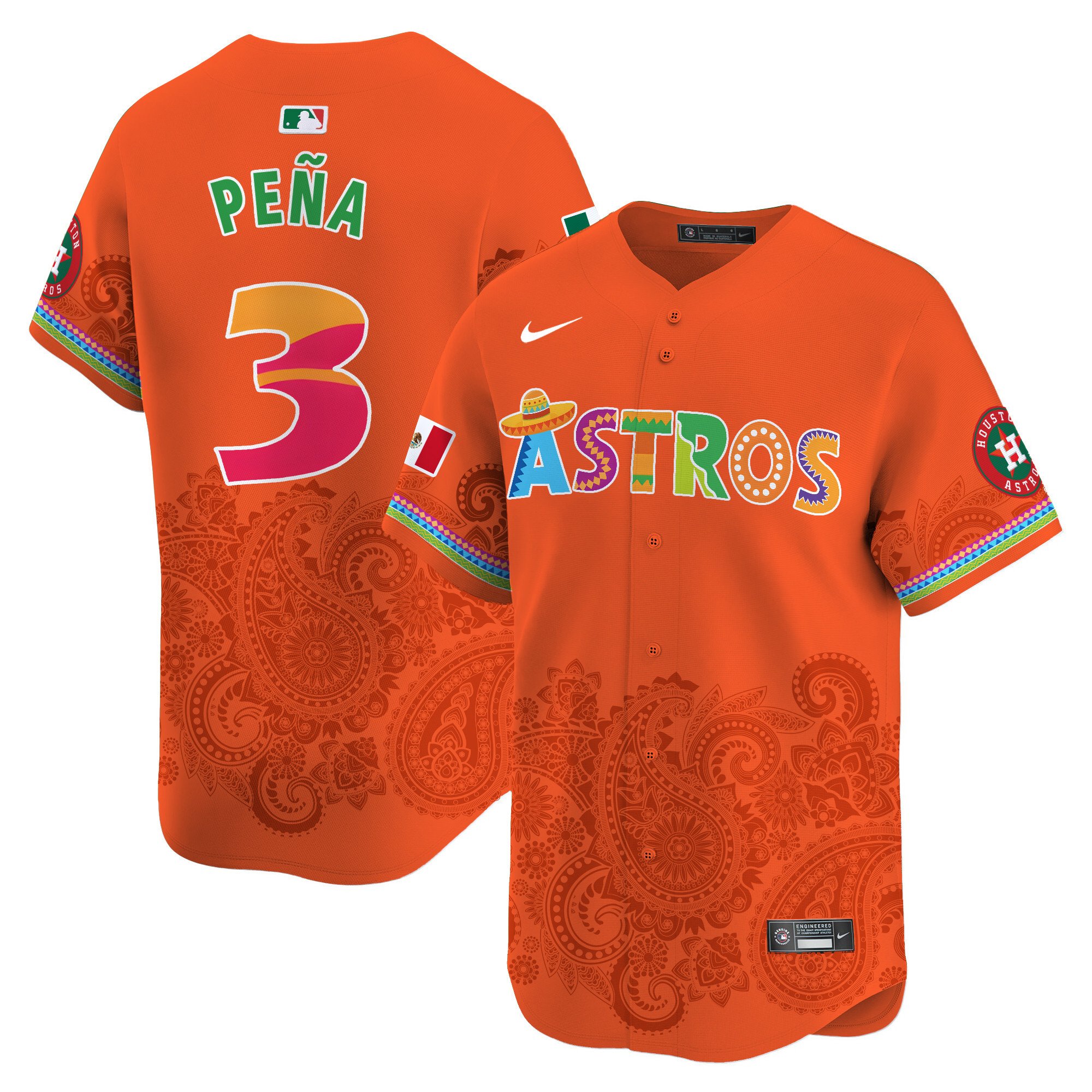 Men's Jeremy Pena Houston Astros Paisley Mexico Vapor Premier Limited Orange Jersey V5- Printed