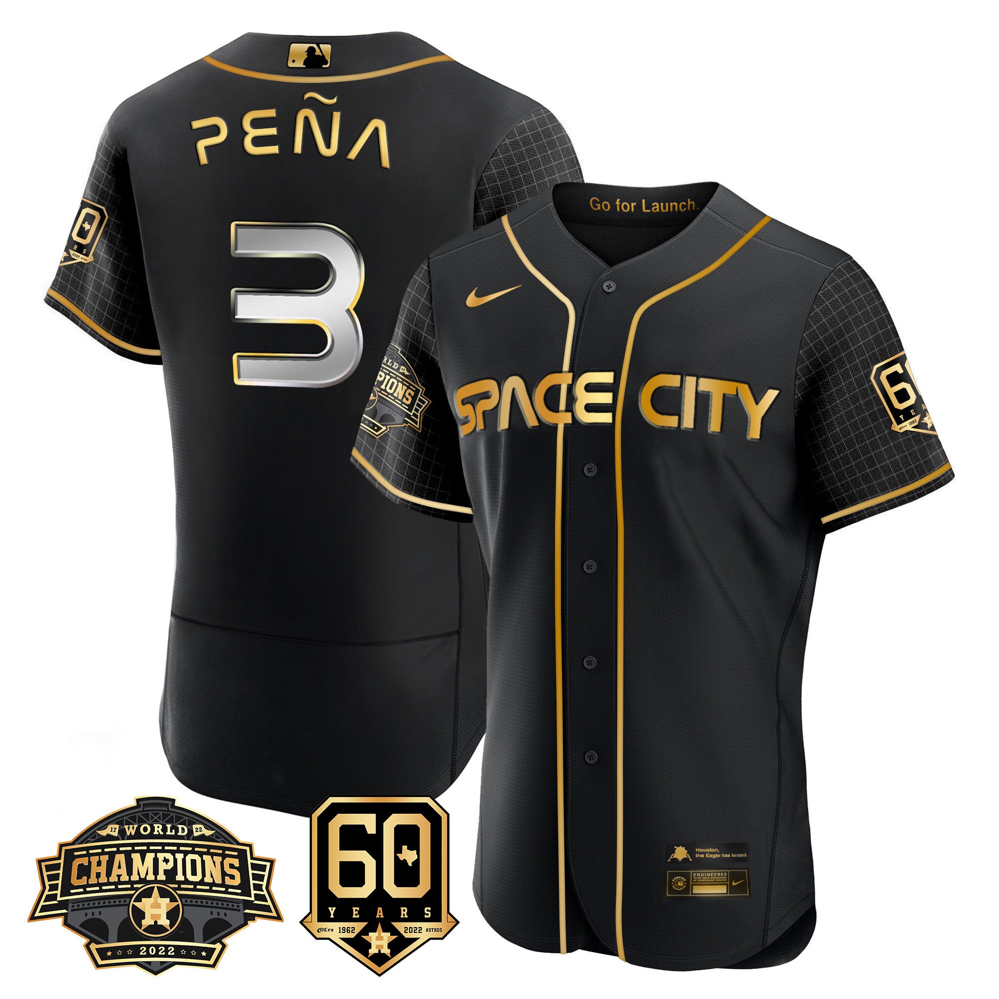 Men's Jeremy Pena Houston Astros Space City 2022 Champions & 60th Anniversary Patch Flex Black Jersey Ã± All Stitched