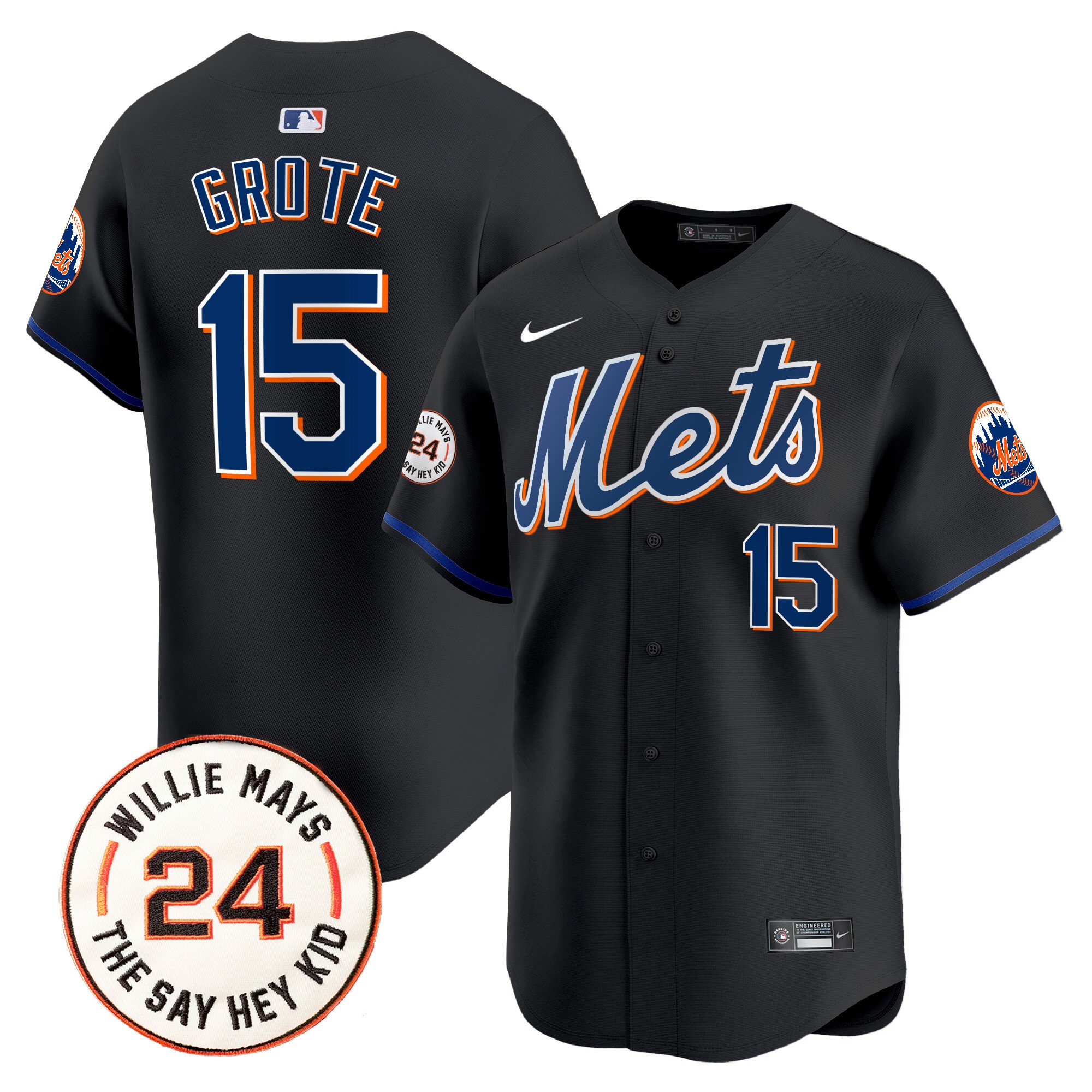 Men's Jerry Grote New York Mets Willie Mays Patch Vapor Premier Limited Black Jersey - All Stitched