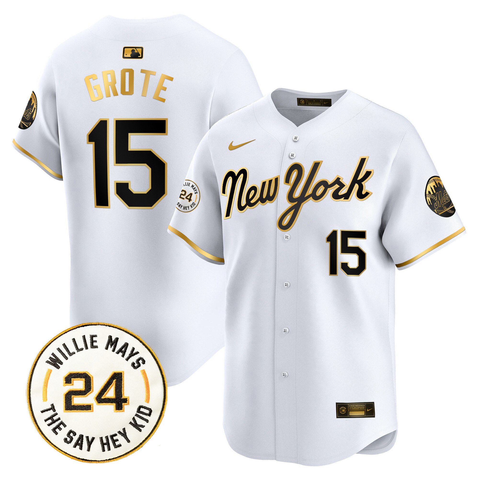 Men's Jerry Grote New York Mets Willie Mays Patch Vapor Premier Limited New York Gold Jersey - All Stitched