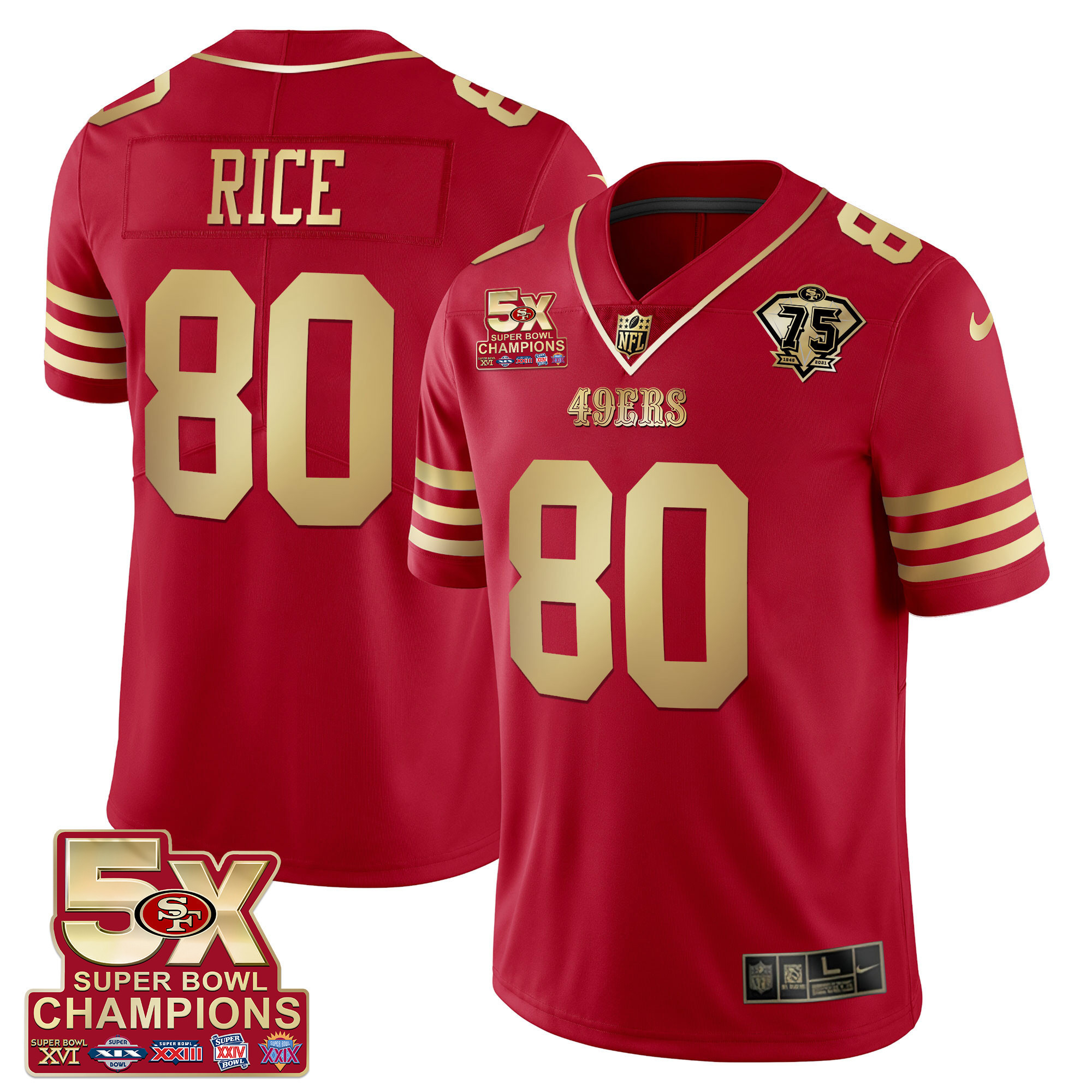 Men's Jerry Rice San Francisco 49ers 5x Super Bowl Patch Black Red Vapor Red Gold Jersey - Stitched
