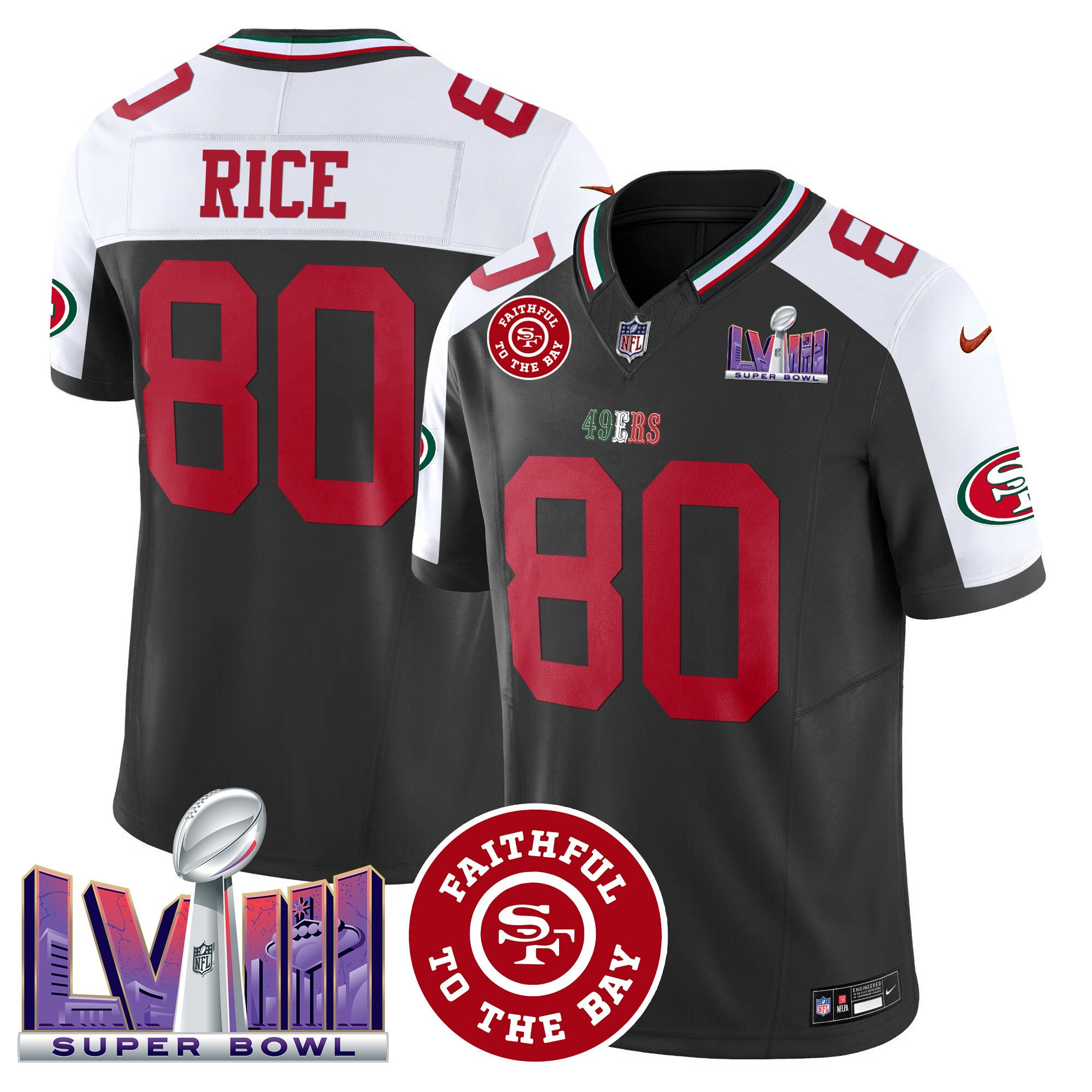 Men's Jerry Rice San Francisco 49ers Mexico Faithful & Super Bowl LVIII Patch Vapor Black Alterante Jersey - All Stitched