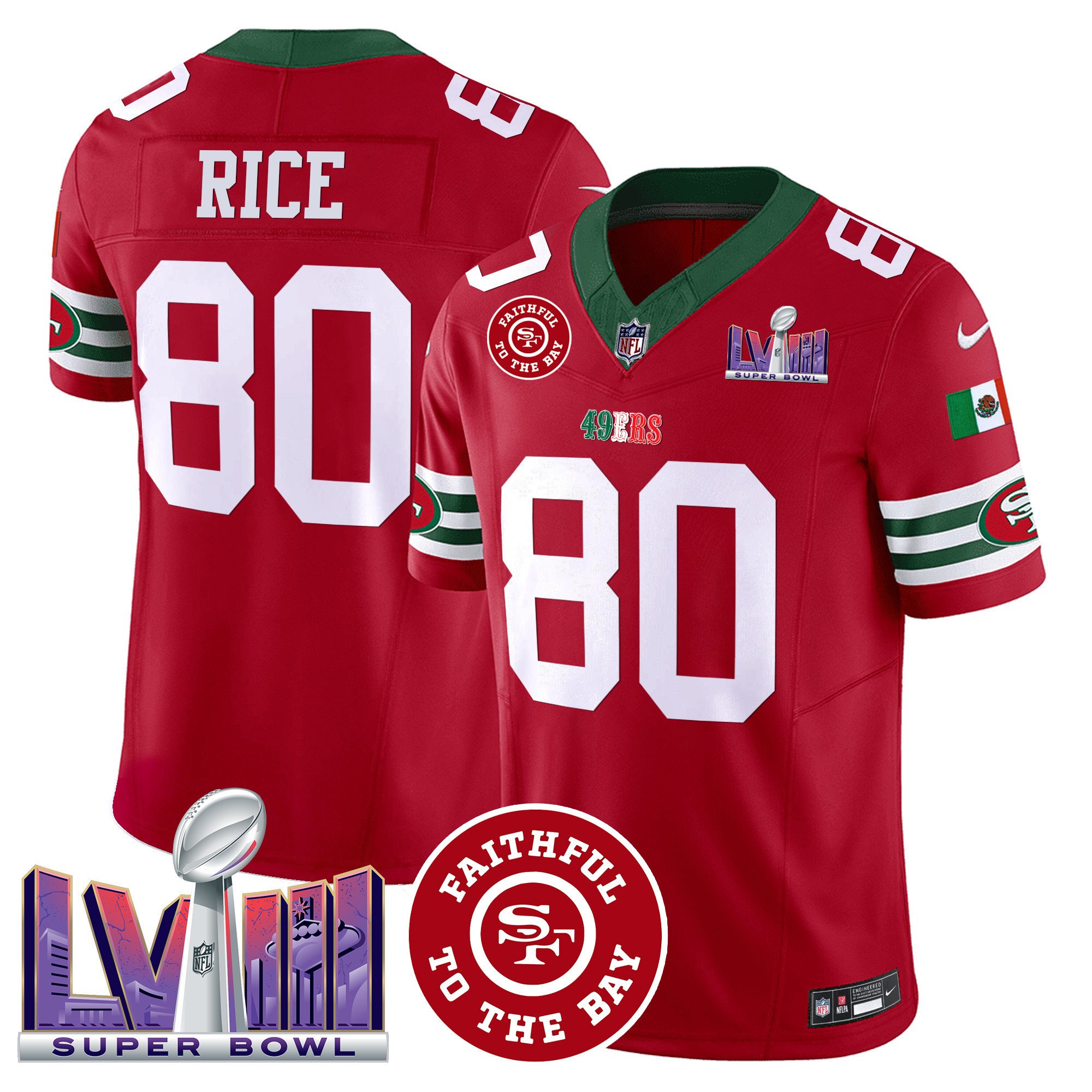 Men's Jerry Rice San Francisco 49ers Mexico Faithful & Super Bowl LVIII Patch Vapor Red Jersey - All Stitched