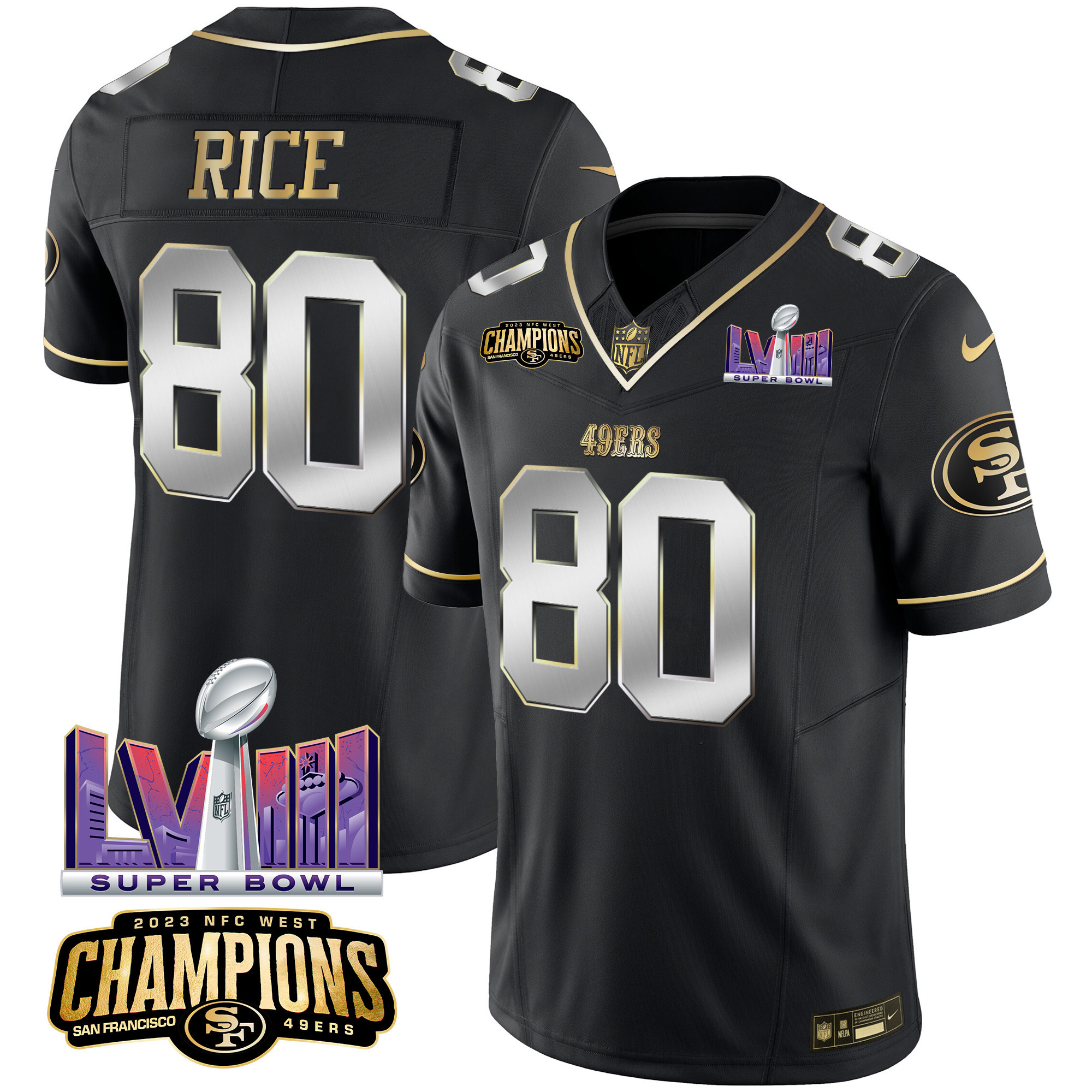 Men's Jerry Rice San Francisco 49ers NFC West Champions & Super Bowl LVIII Patch Vapor Black Limited Jersey - All Stitched
