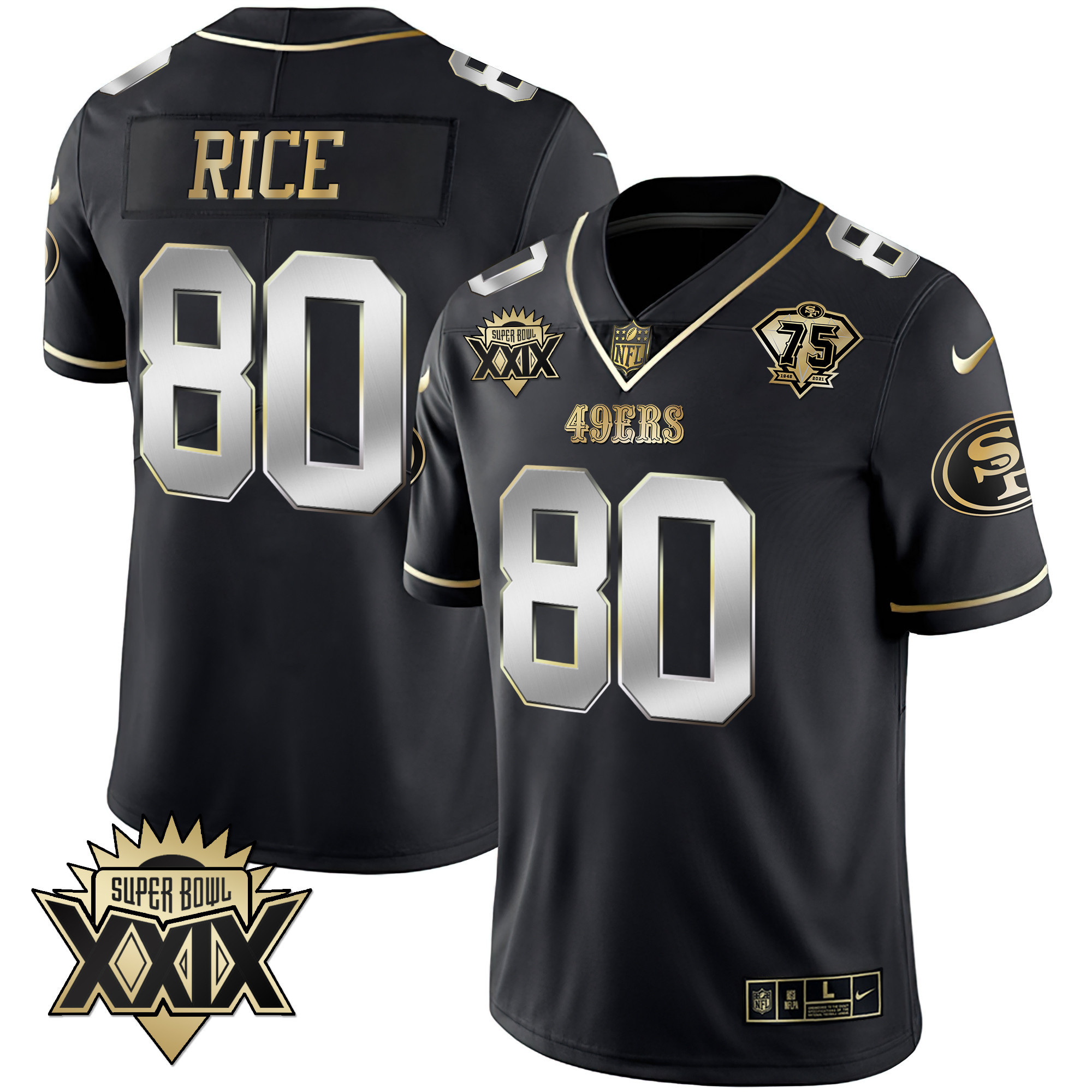 Men's Jerry Rice San Francisco 49ers Super Bowl XXIX Patch Black Red Gold Black Limited Jersey - All Stitched