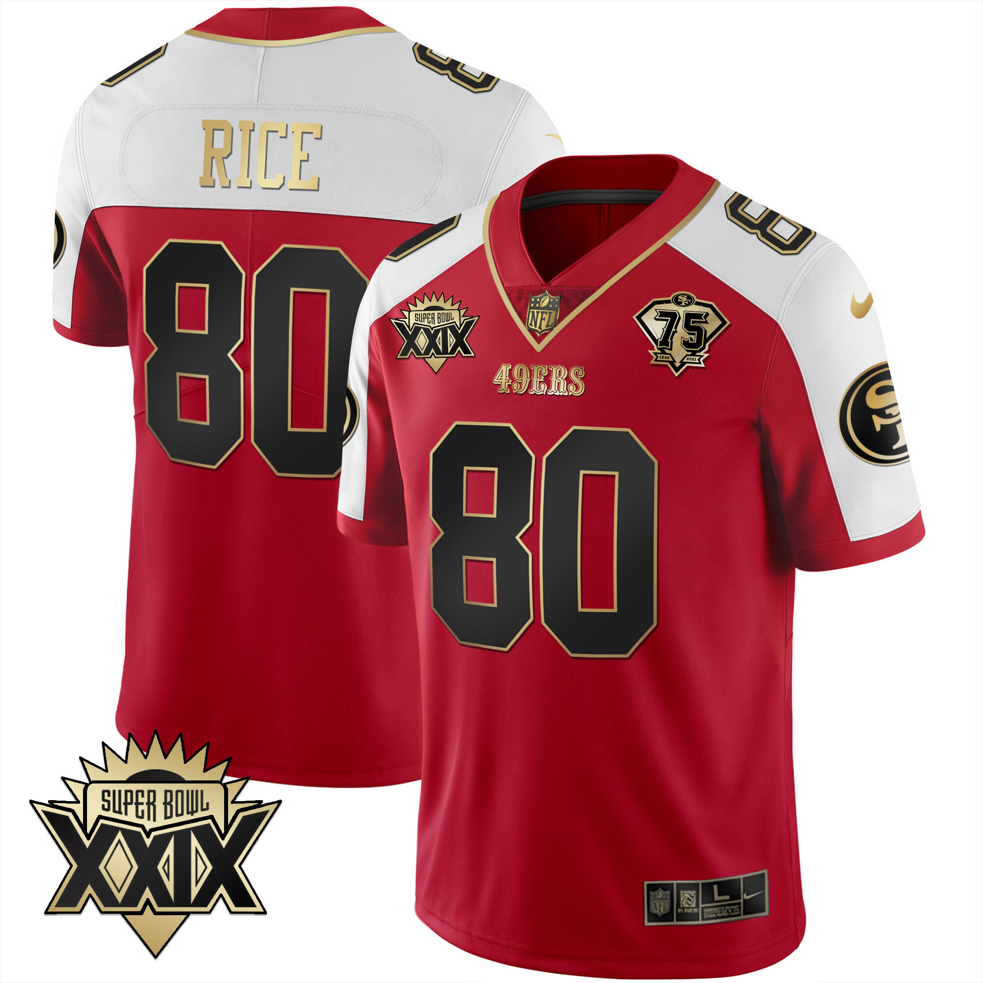 Men's Jerry Rice San Francisco 49ers Super Bowl XXIX Patch Black Red Gold Red Alternate Jersey - All Stitched