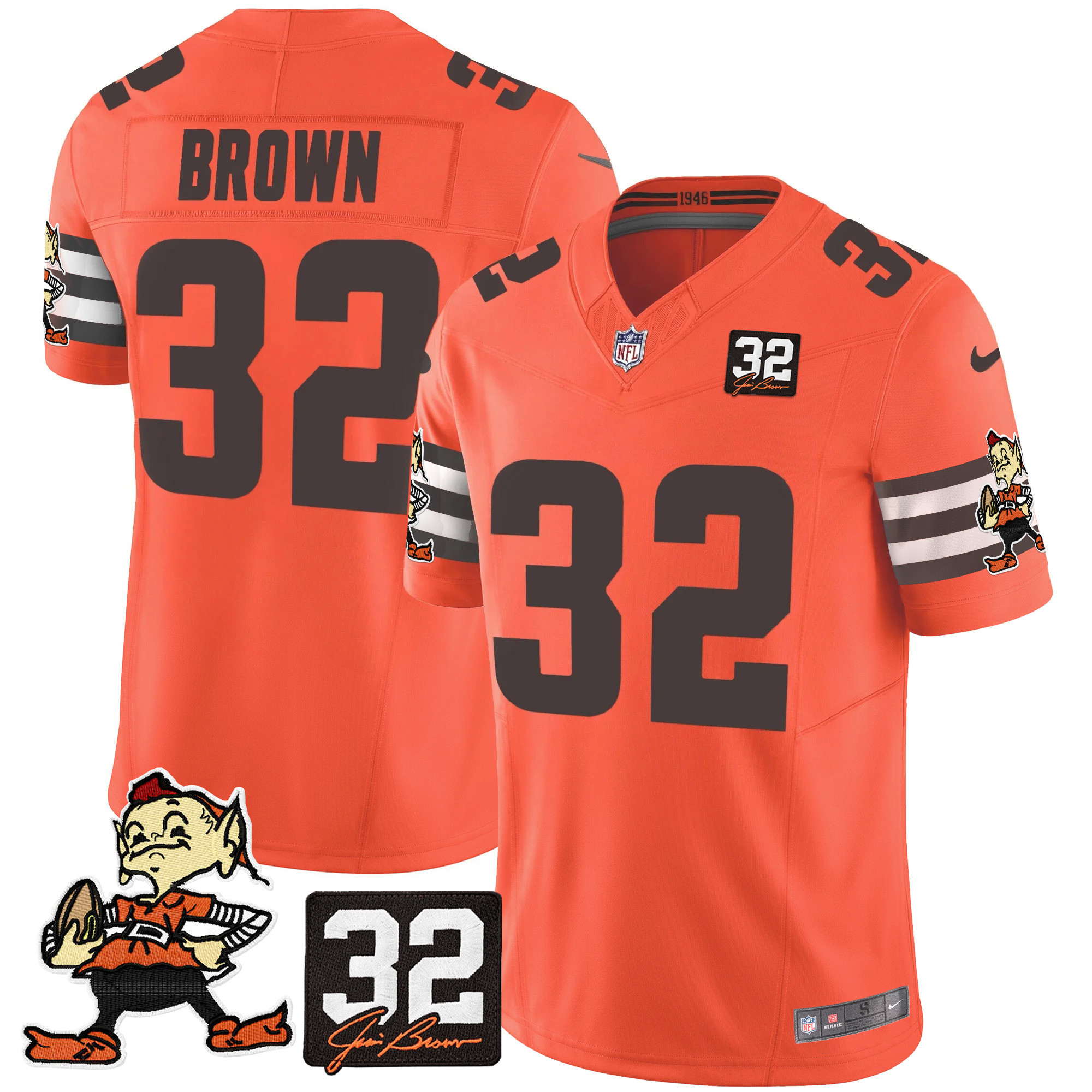Men's Jim Brown Cleveland Browns #32 Jim Brown Memorial Patch Vapor Limited Orange Jersey V2 - All Stitched