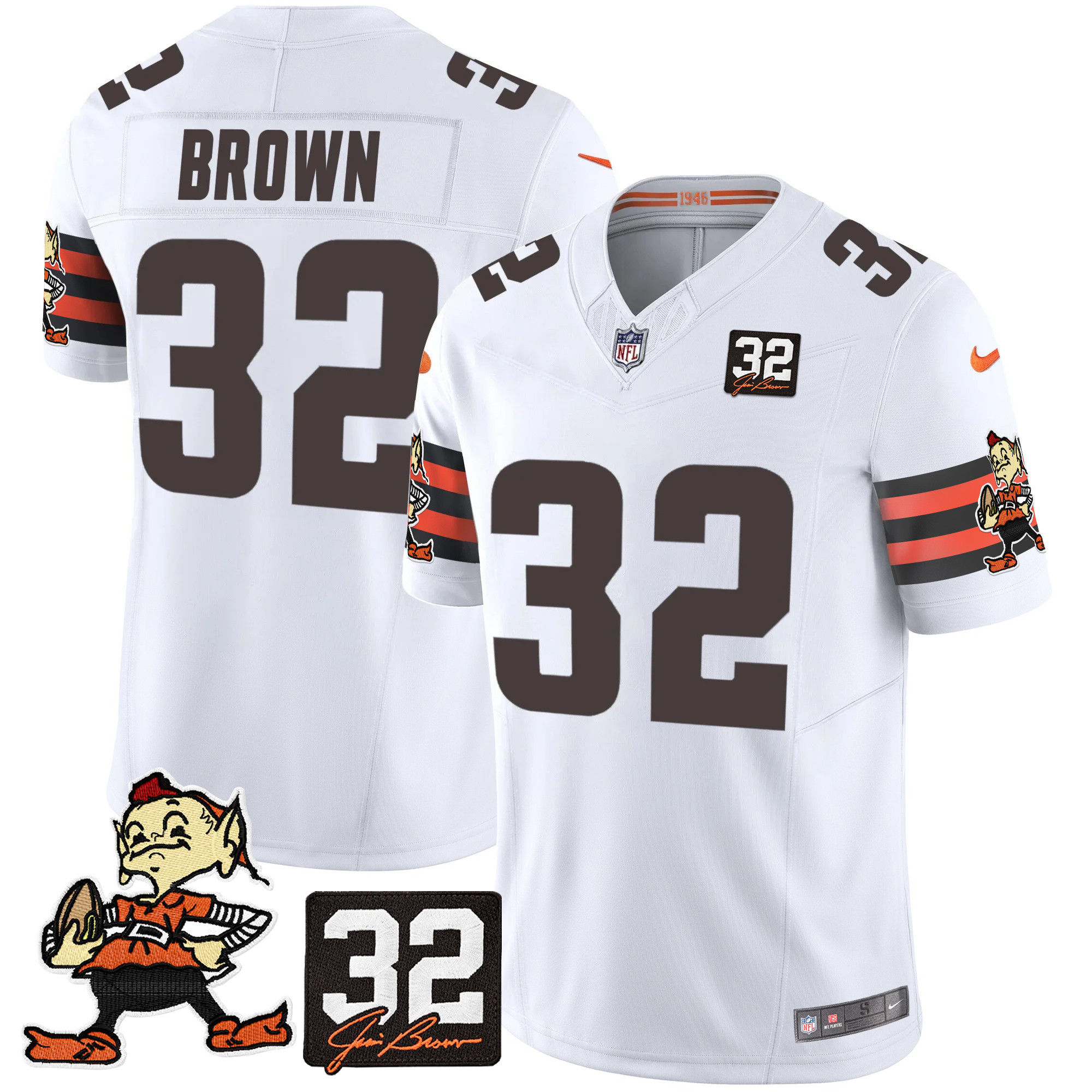 Men's Jim Brown Cleveland Browns #32 Jim Brown Memorial Patch Vapor Limited White Jersey V2 - All Stitched