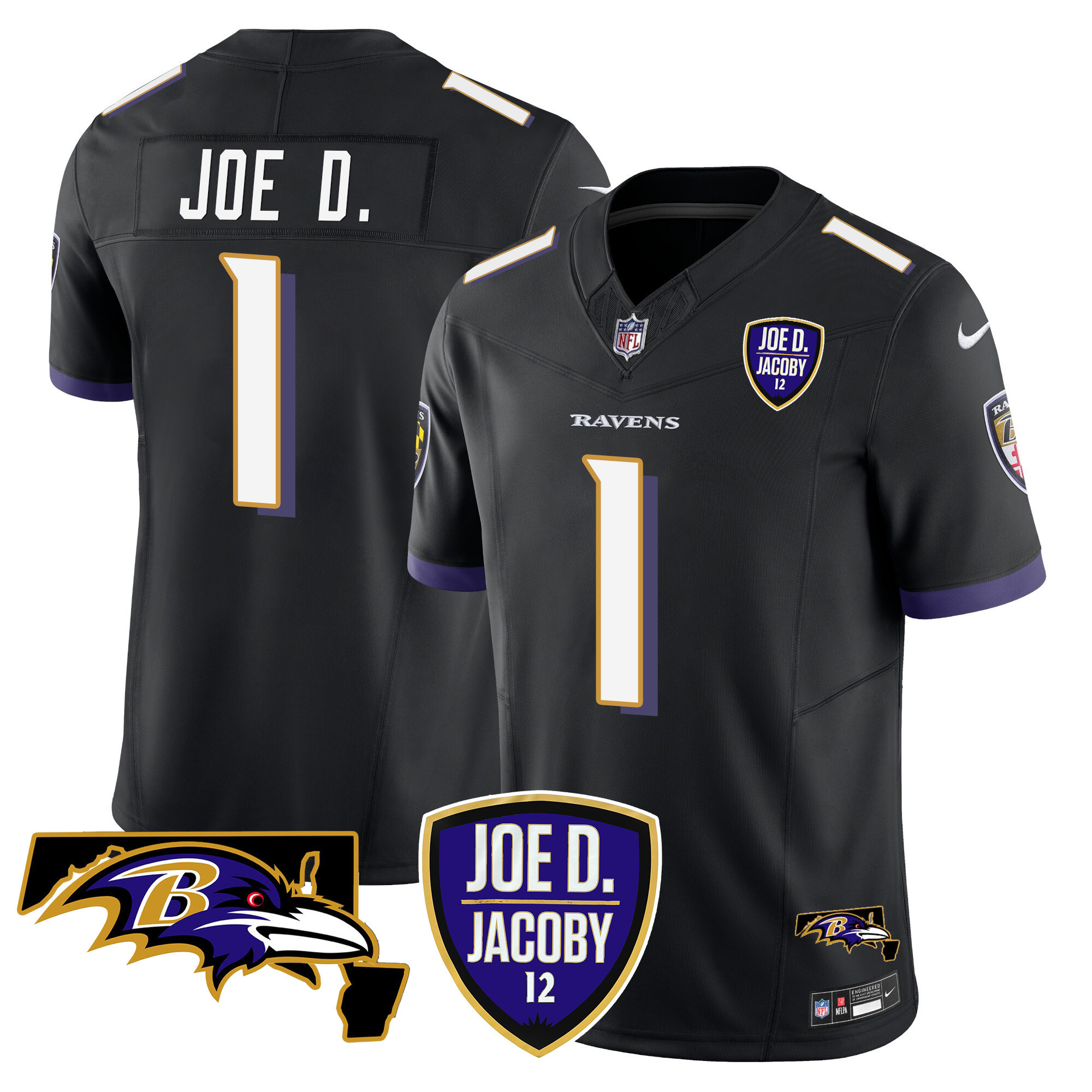 Men's Joe D Baltimore Ravens Joe D & Jacoby Patch Vapor Limited Black Jersey - All Stitched