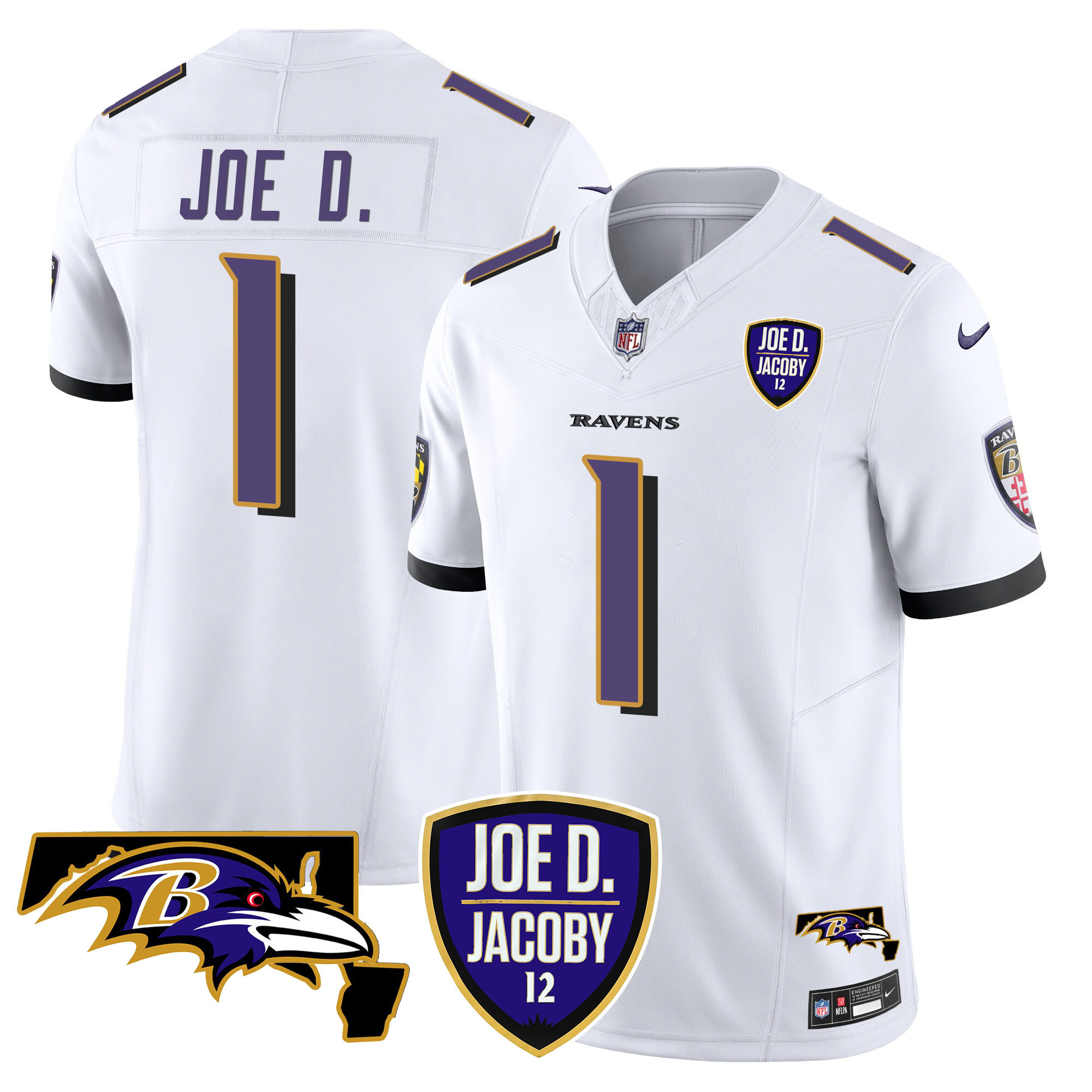 Men's Joe D Baltimore Ravens Joe D & Jacoby Patch Vapor Limited White Jersey - All Stitched