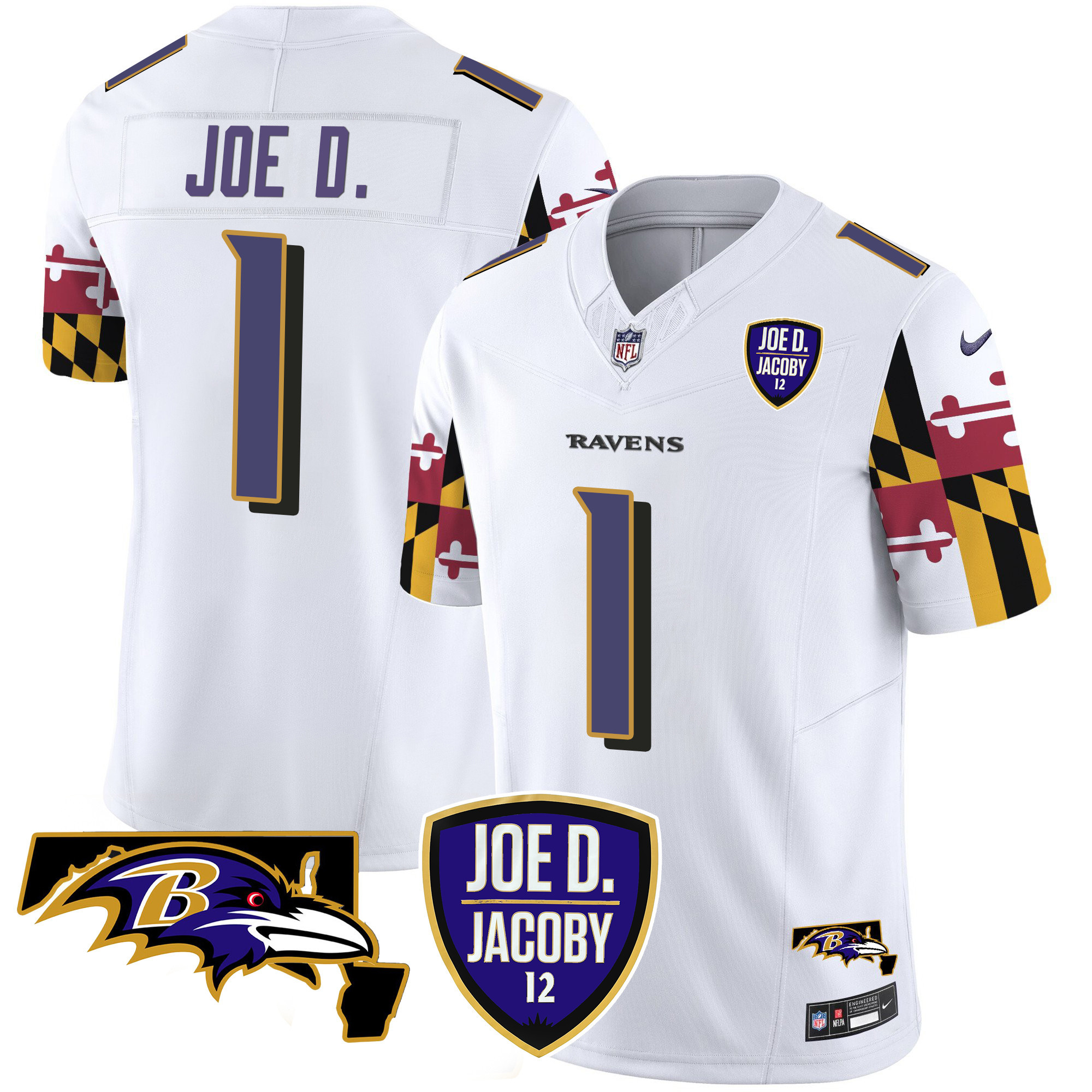 Men's Joe D Baltimore Ravens Joe D & Jacoby Patch Vapor Limited White Jersey V2 - All Stitched